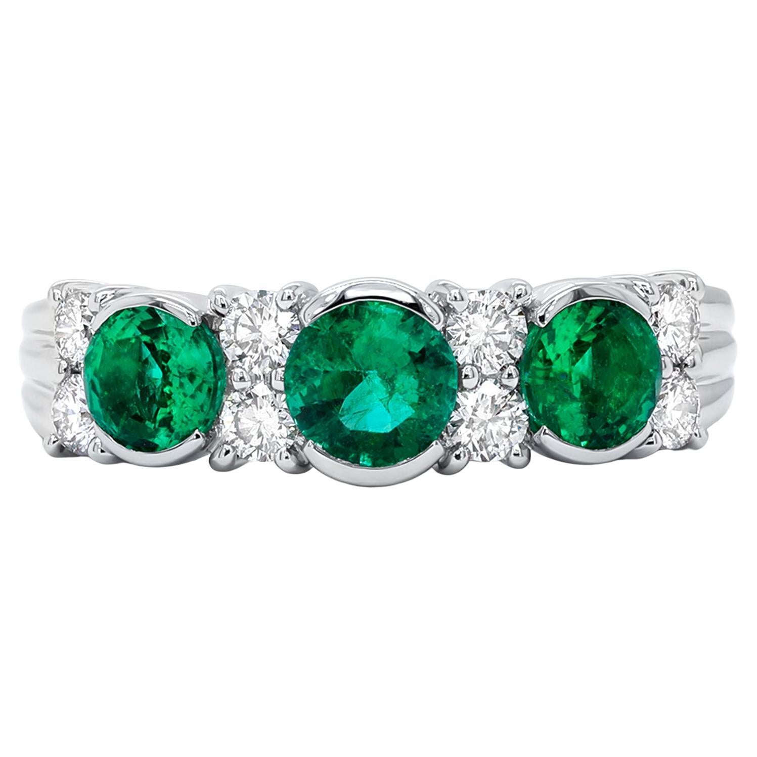 Emeralds and Diamonds Band Ring 1.36 Carats 18K White Gold