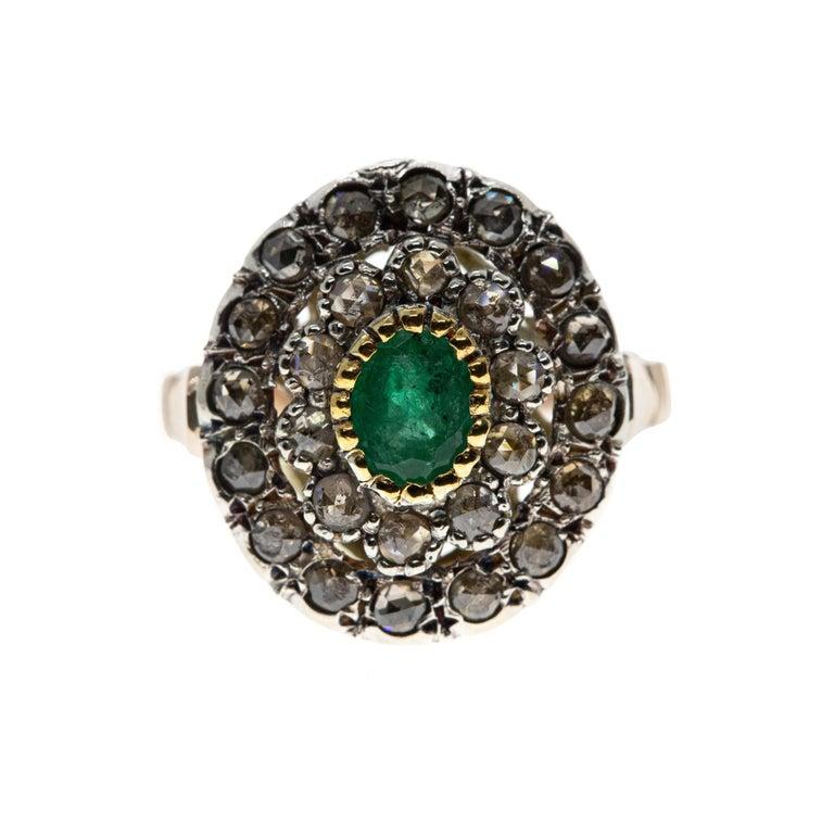 Understated and elegant, and yet 600-odd years in the making, these emerald and diamond earrings and cocktail ring are set in rose 9-karat gold and 925 silver and produced using an ancient Albanian technique which was brought to Palermo in the