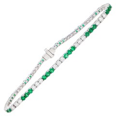 Emeralds and Diamonds Tennis Bracelet Round Cut 3.65 Carats 18K Gold