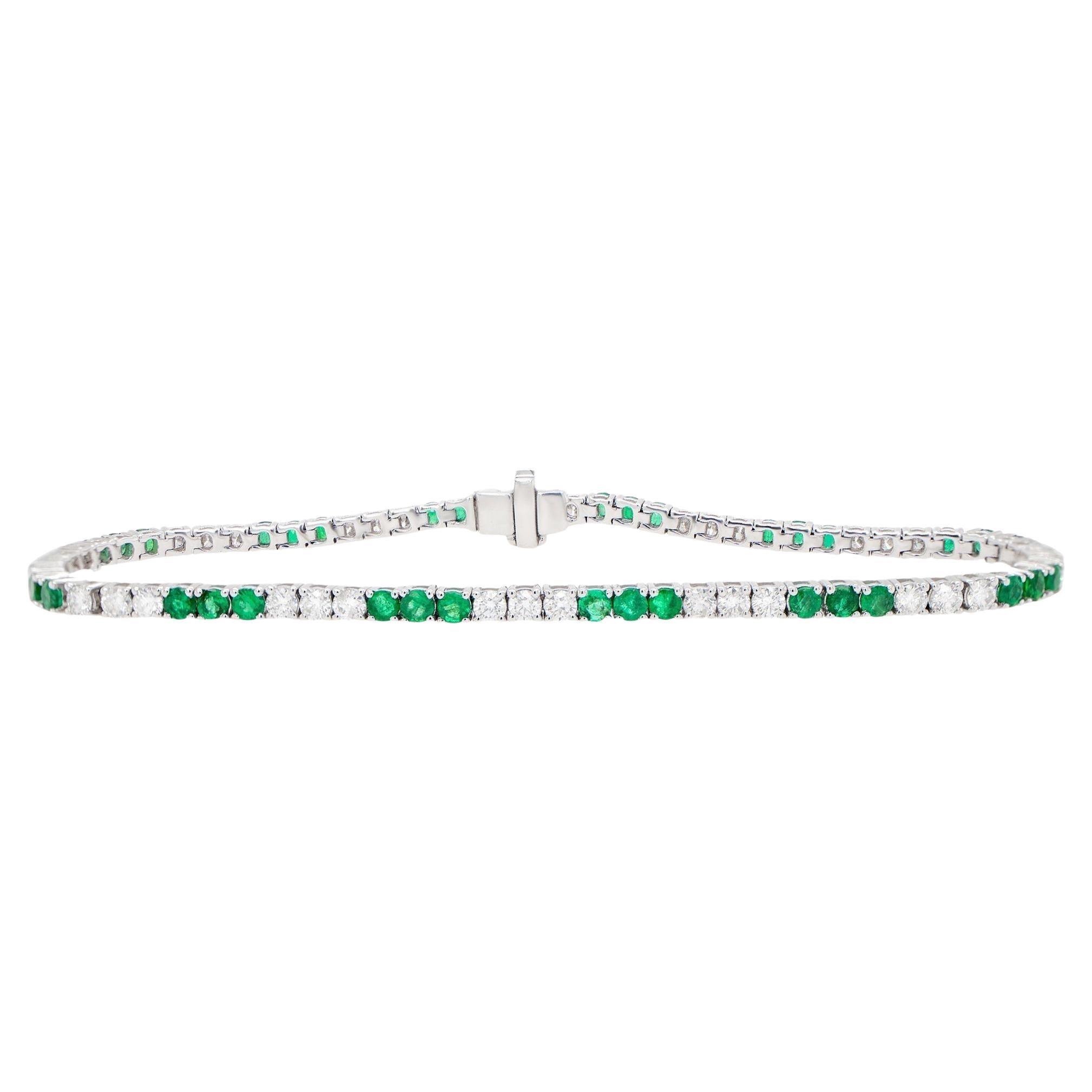 Emeralds and Diamonds Tennis Bracelet Round Cut 3.65 Carats 18K Gold