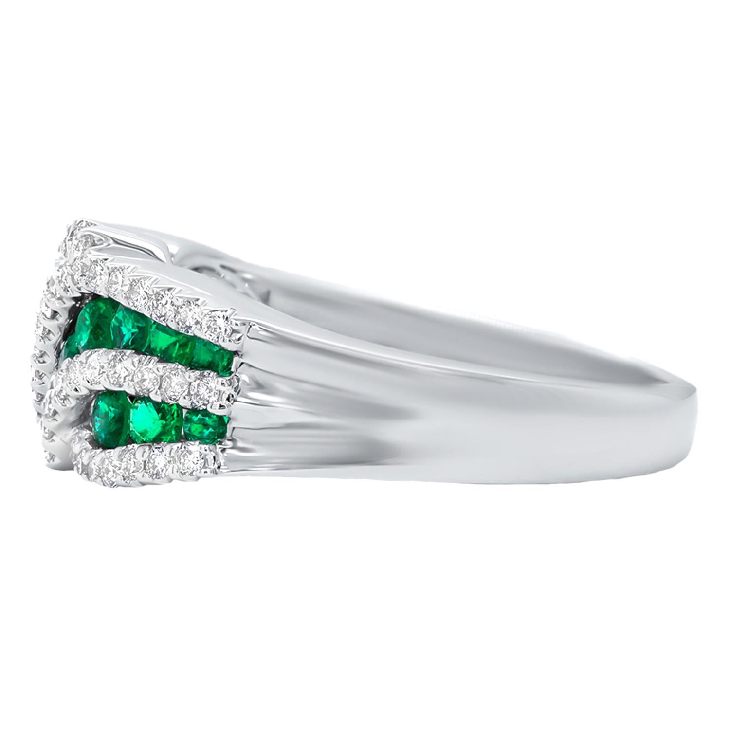 Round Cut Emeralds and Diamonds Wave Band Ring 18K White Gold For Sale