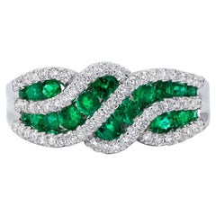 Emeralds and Diamonds Wave Band Ring 18K White Gold