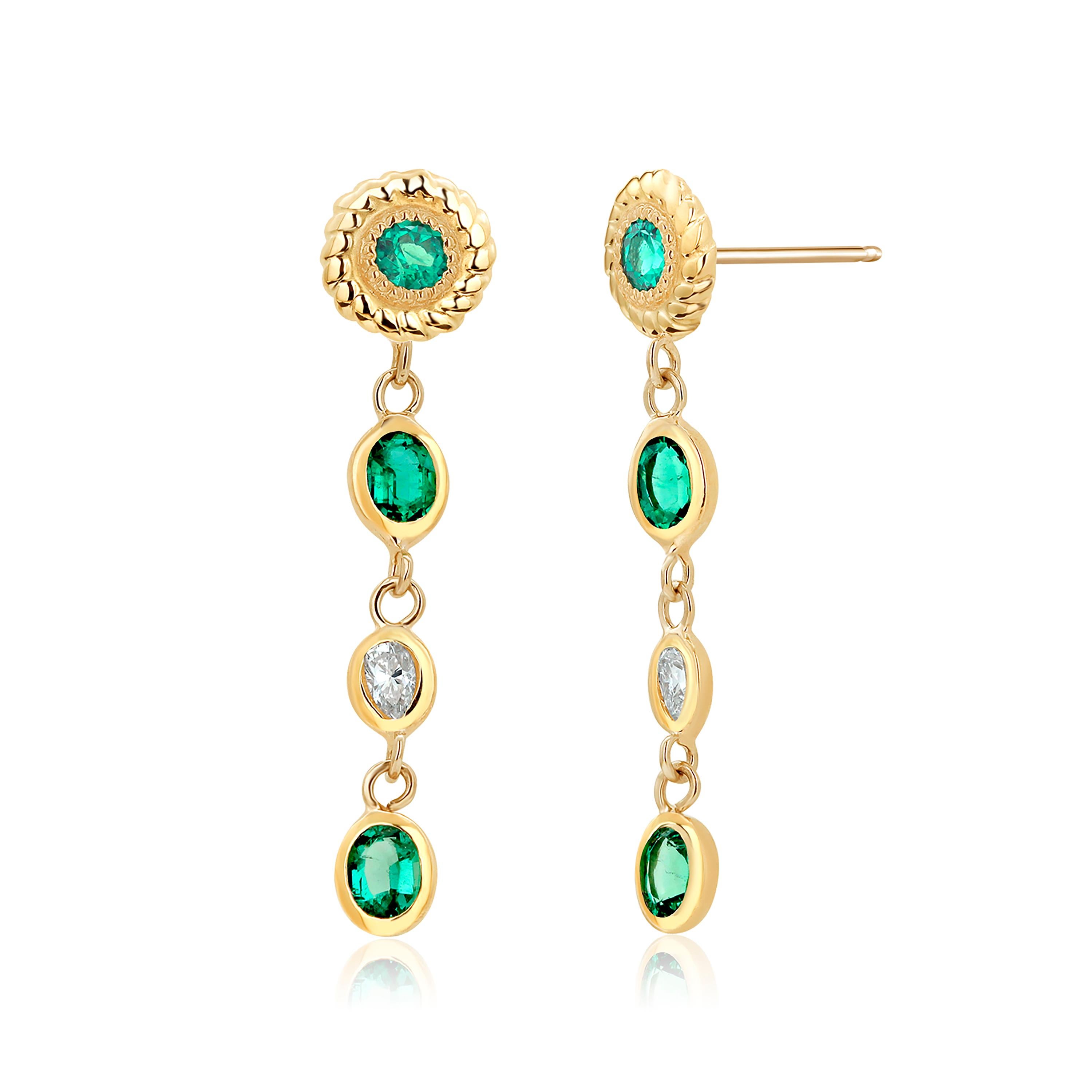 Emeralds and Diamonds Yellow Gold Drop Earrings 1