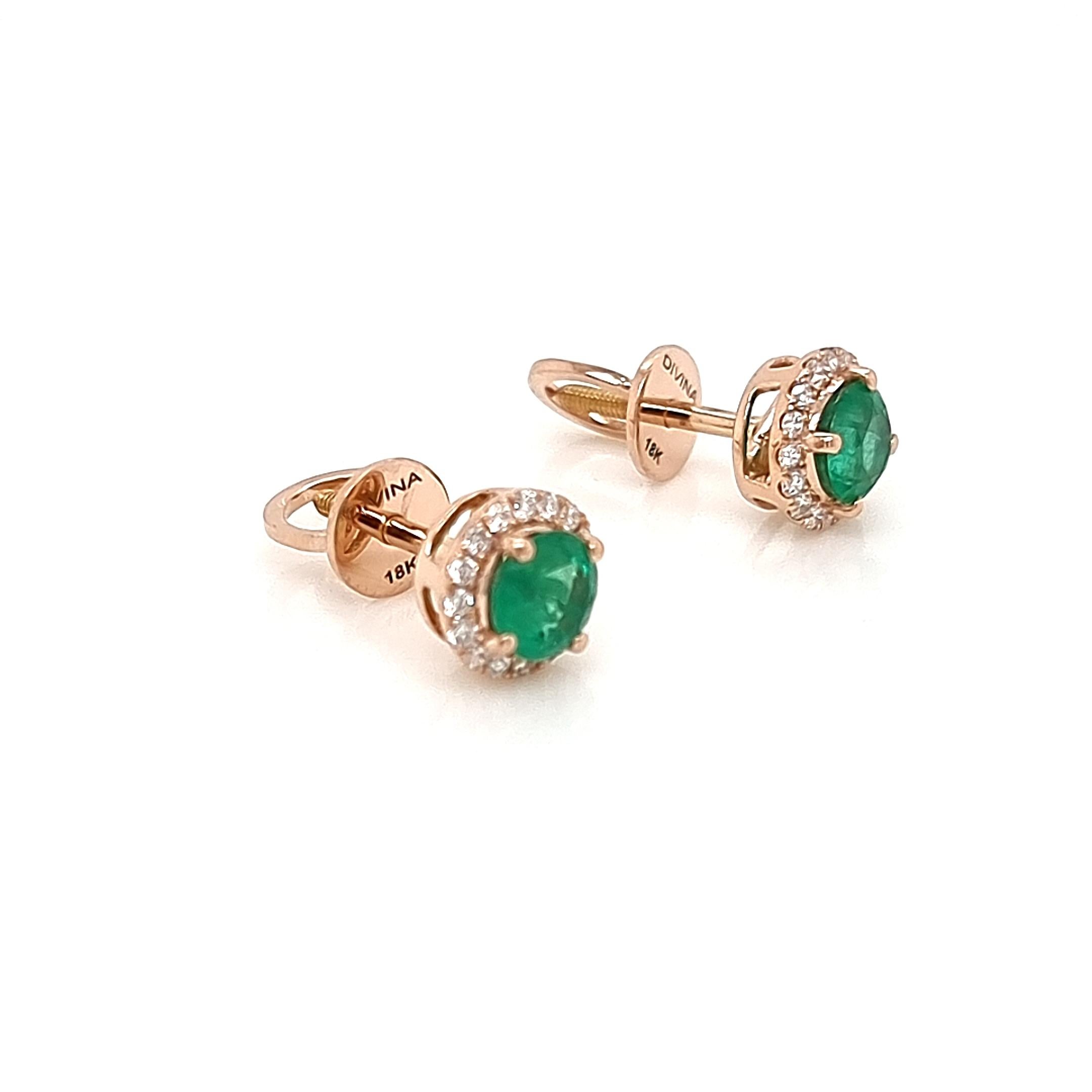 Round Cut Emeralds and White Diamonds Earrings set in 18K Rose Gold For Sale