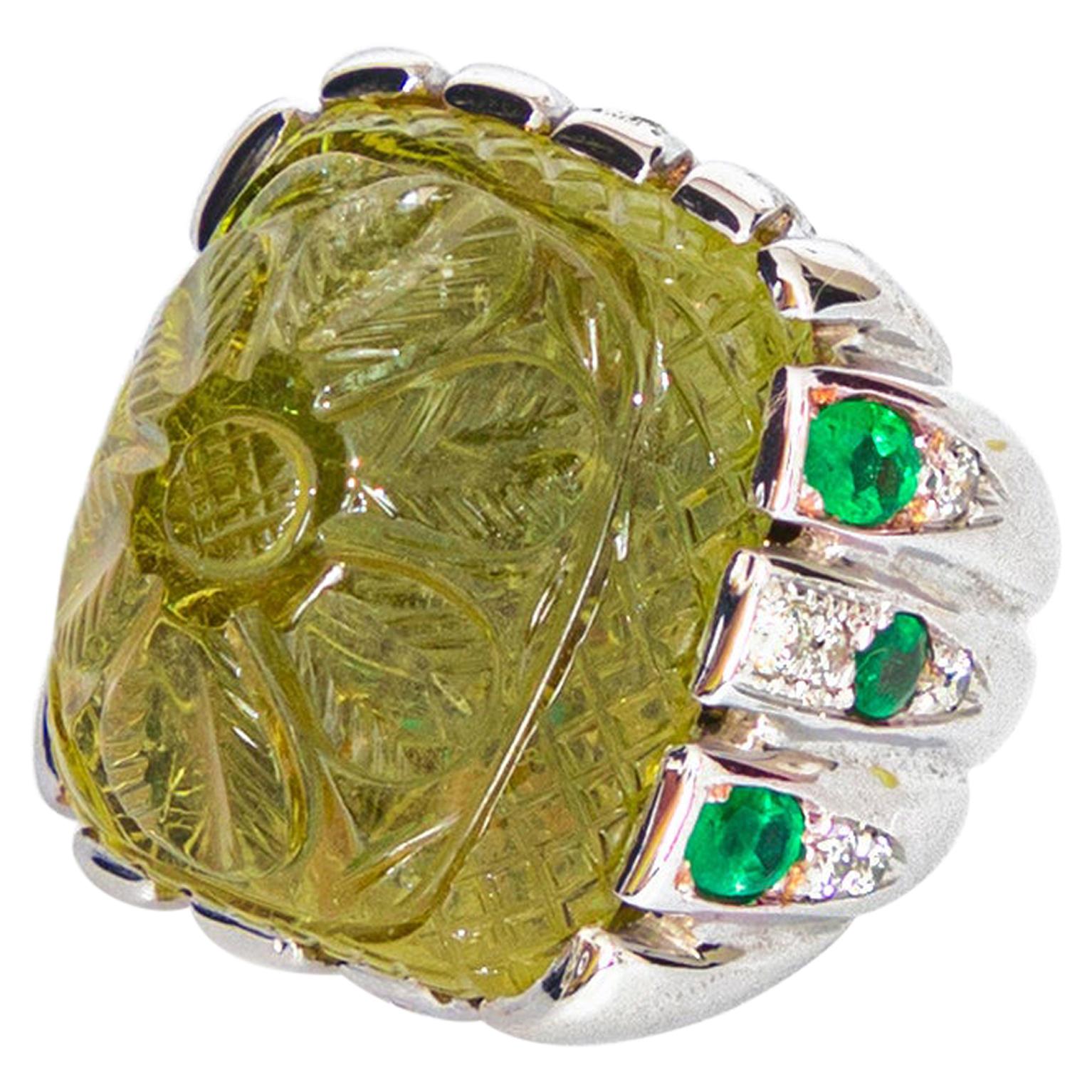 Intini Jewels Emerald Beryl Gem Diamond 18 Karat White Gold Carved Cocktail Ring For Sale