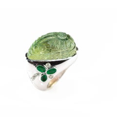 Emerald Beryl Gems Diamond 18 Karat White Gold Colombian Carved Flower Ring