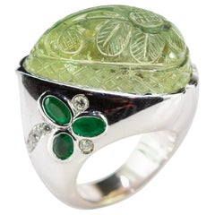 Emerald Beryl Gems Diamond 18 Karat White Gold Colombian Carved Flower Ring