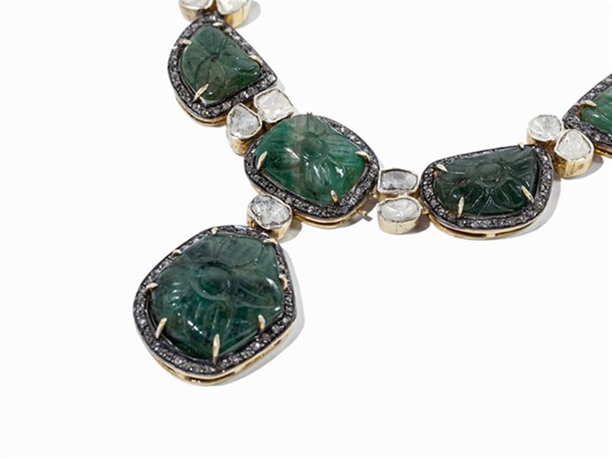 Art Deco  Emeralds Diamond Roses Silver-Gilt Necklace Pendant  For Sale