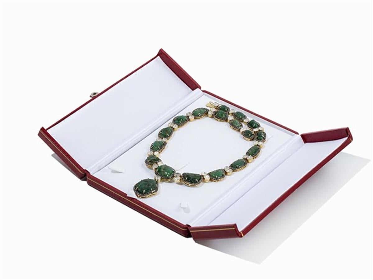  Emeralds Diamond Roses Silver-Gilt Necklace Pendant  For Sale 1