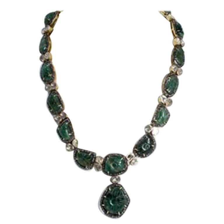  Emeralds Diamond Roses Silver-Gilt Necklace Pendant  For Sale