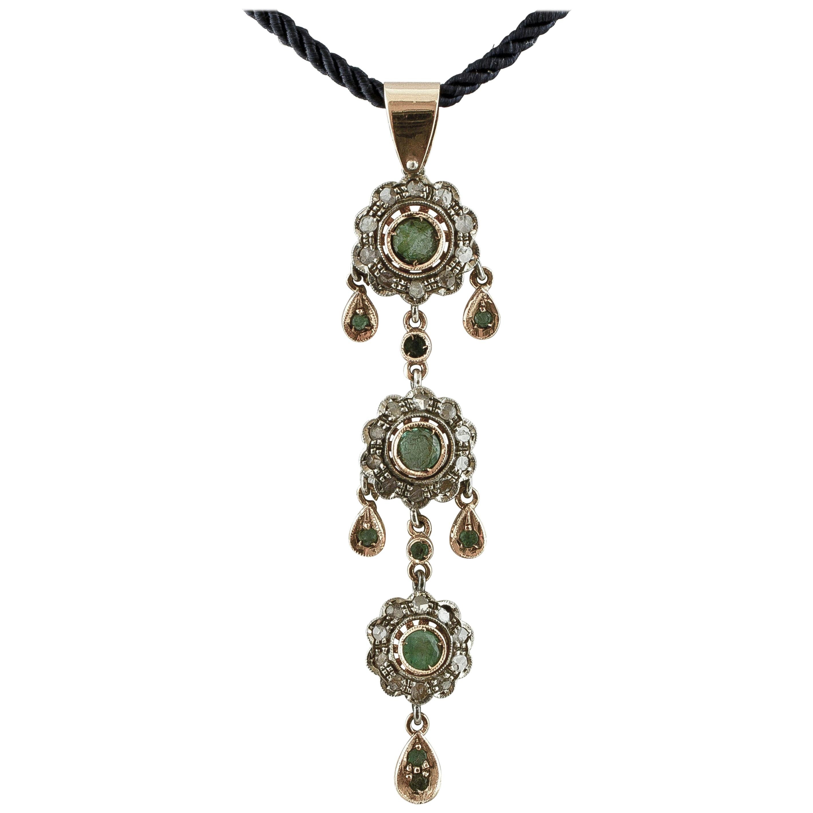 Emeralds, Diamonds, 14 Karat Rose Gold and Silver Pendant Necklaces