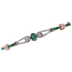 Emeralds, Diamonds, 14 Karat Rose Gold and Silver Retrò Bracelet