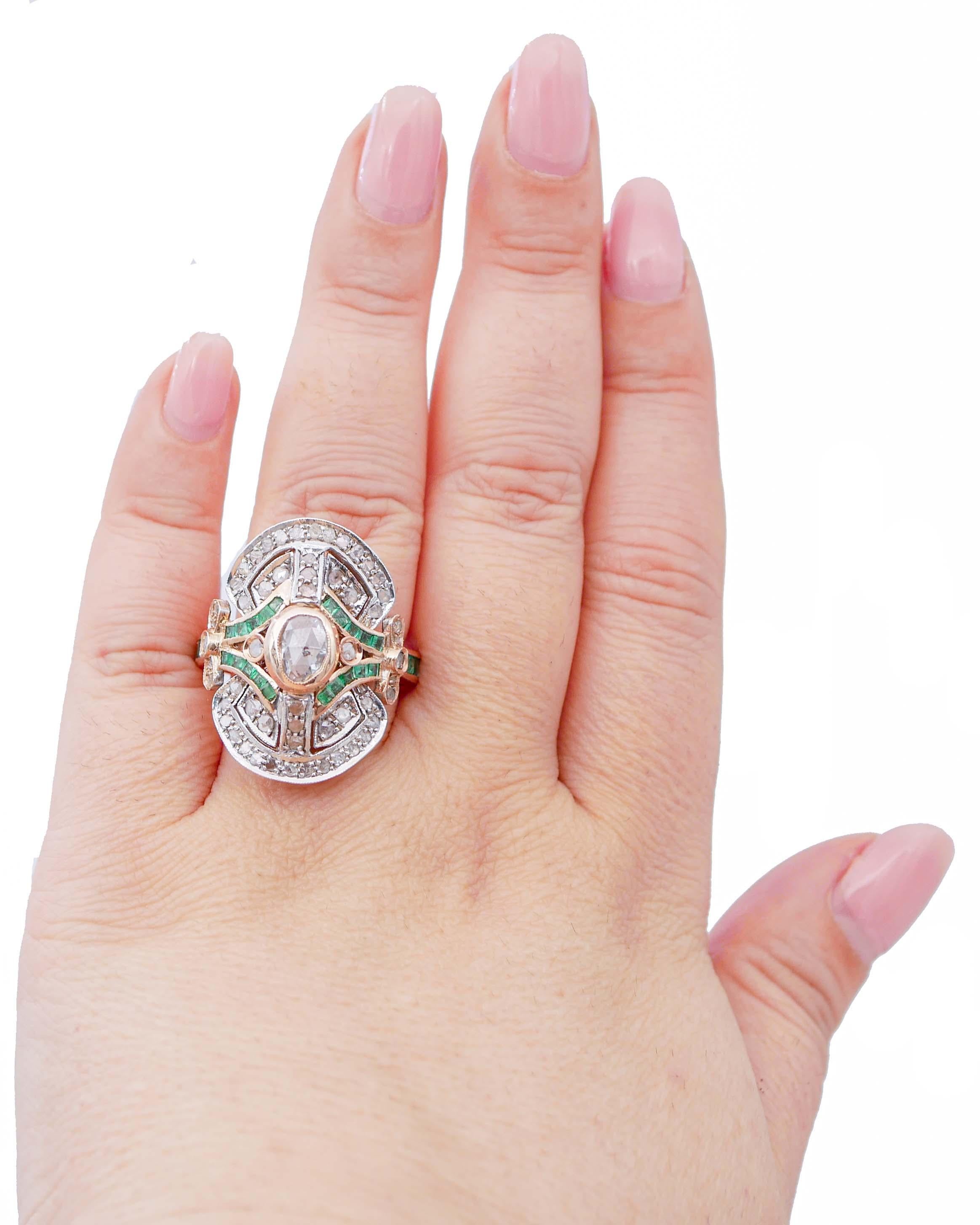 Mixed Cut Emeralds, Diamonds, 14 Karat Rose Gold and Silver Retrò Ring For Sale