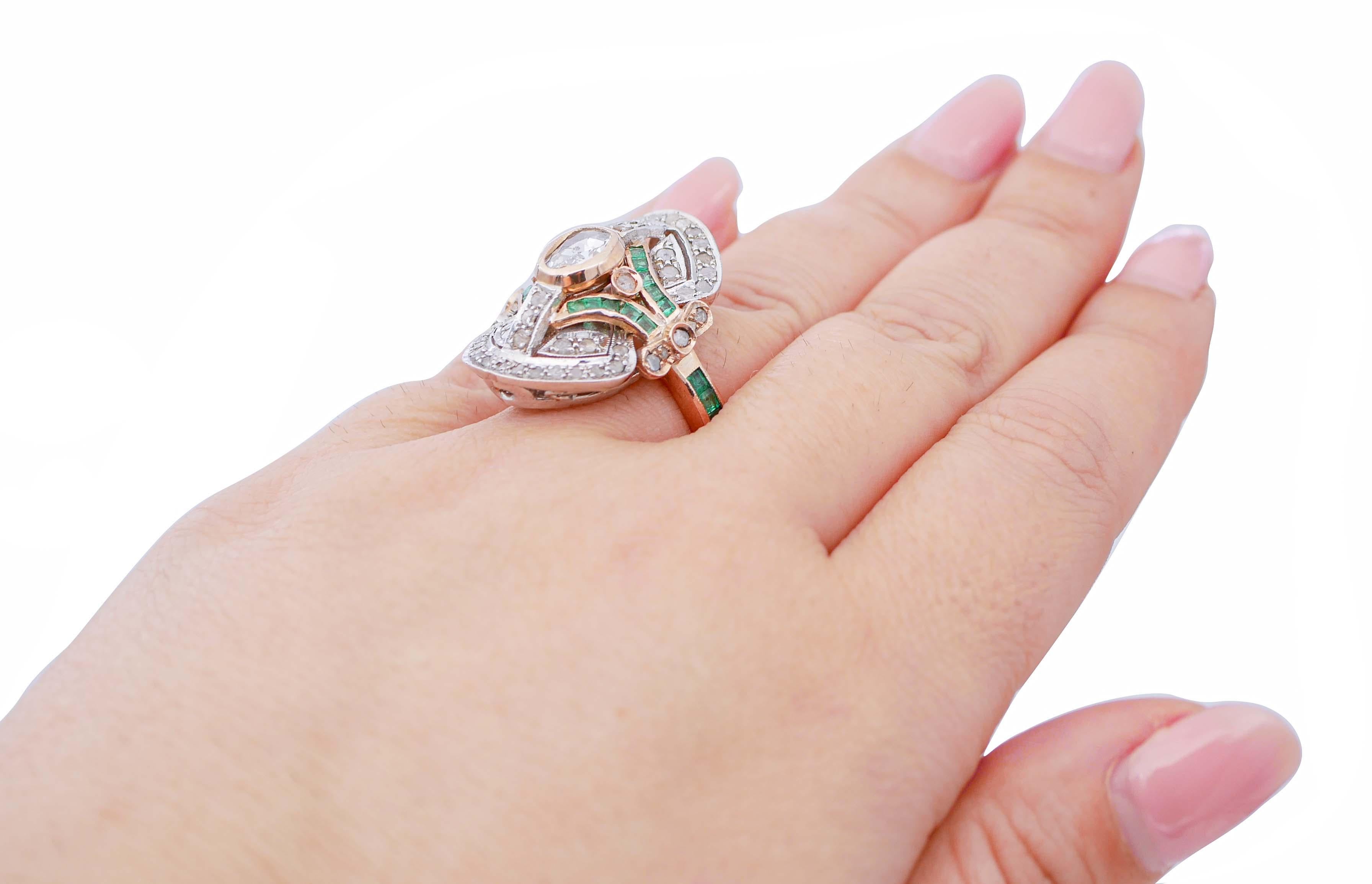Emeralds, Diamonds, 14 Karat Rose Gold and Silver Retrò Ring In Good Condition For Sale In Marcianise, Marcianise (CE)