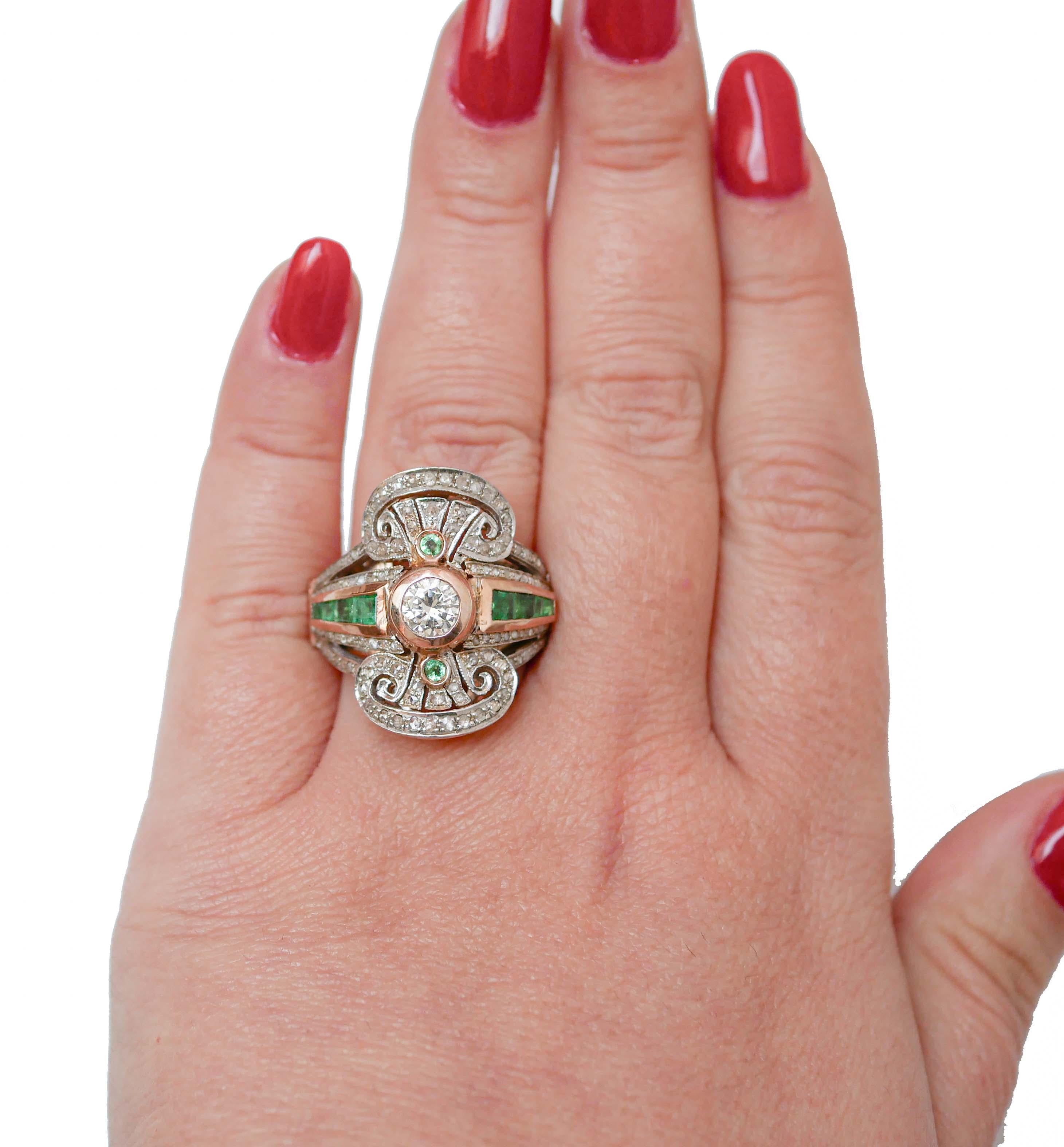 Mixed Cut Emeralds, Diamonds, 14 Karat Rose Gold and Silver Ring. For Sale