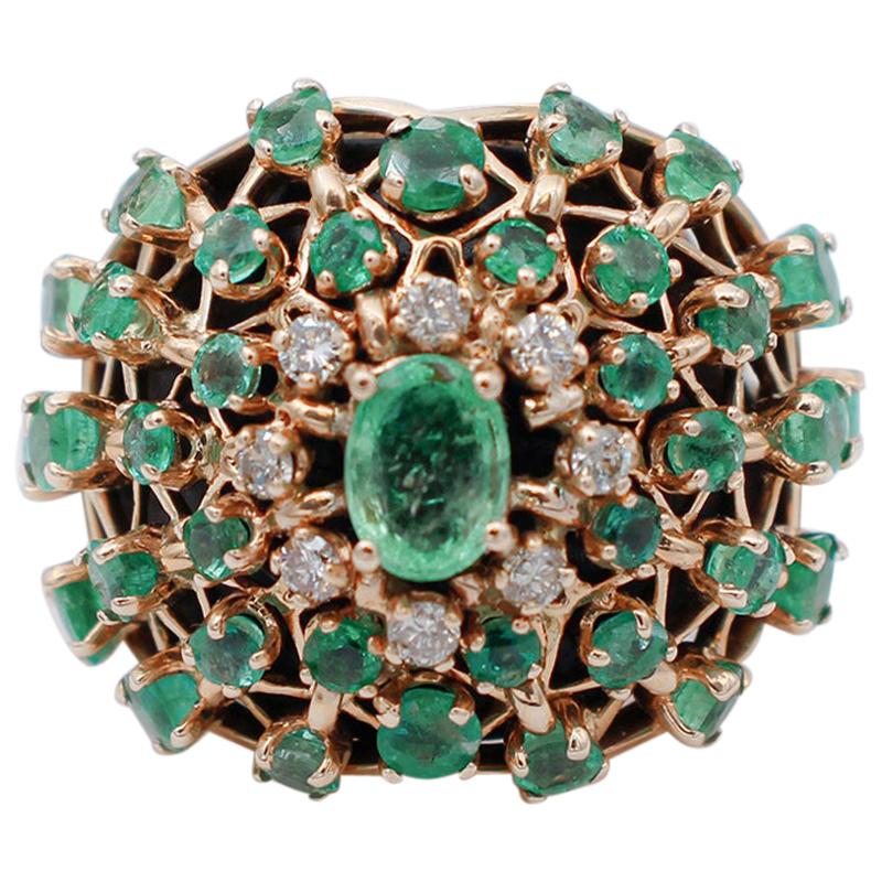 Emeralds, Diamonds, 14 Karat Rose Gold Ring