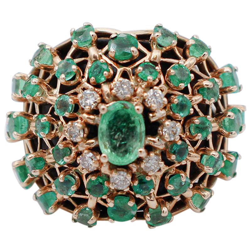 Esmeraldas, Diamantes, Anillo de Oro Rosa de 14 Kilates