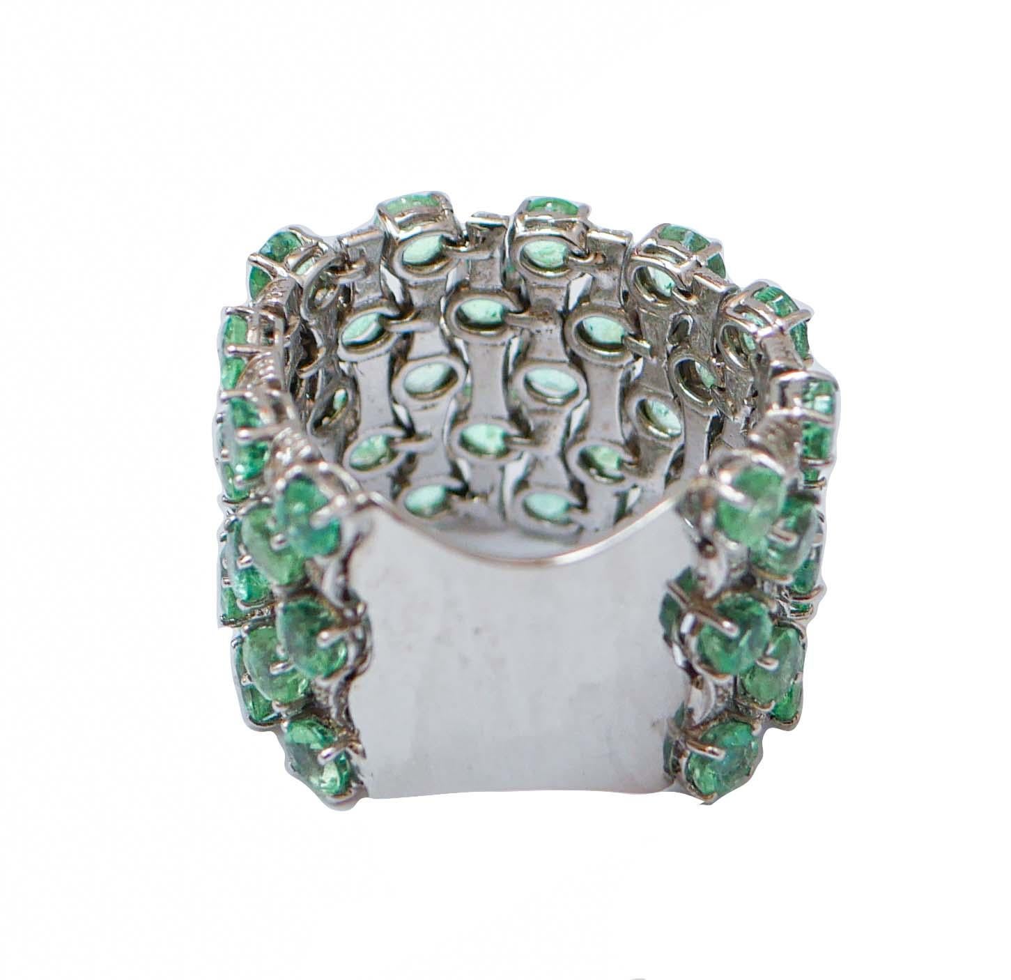 Retro Emeralds, Diamonds, 14 Karat White Gold Band Ring. For Sale