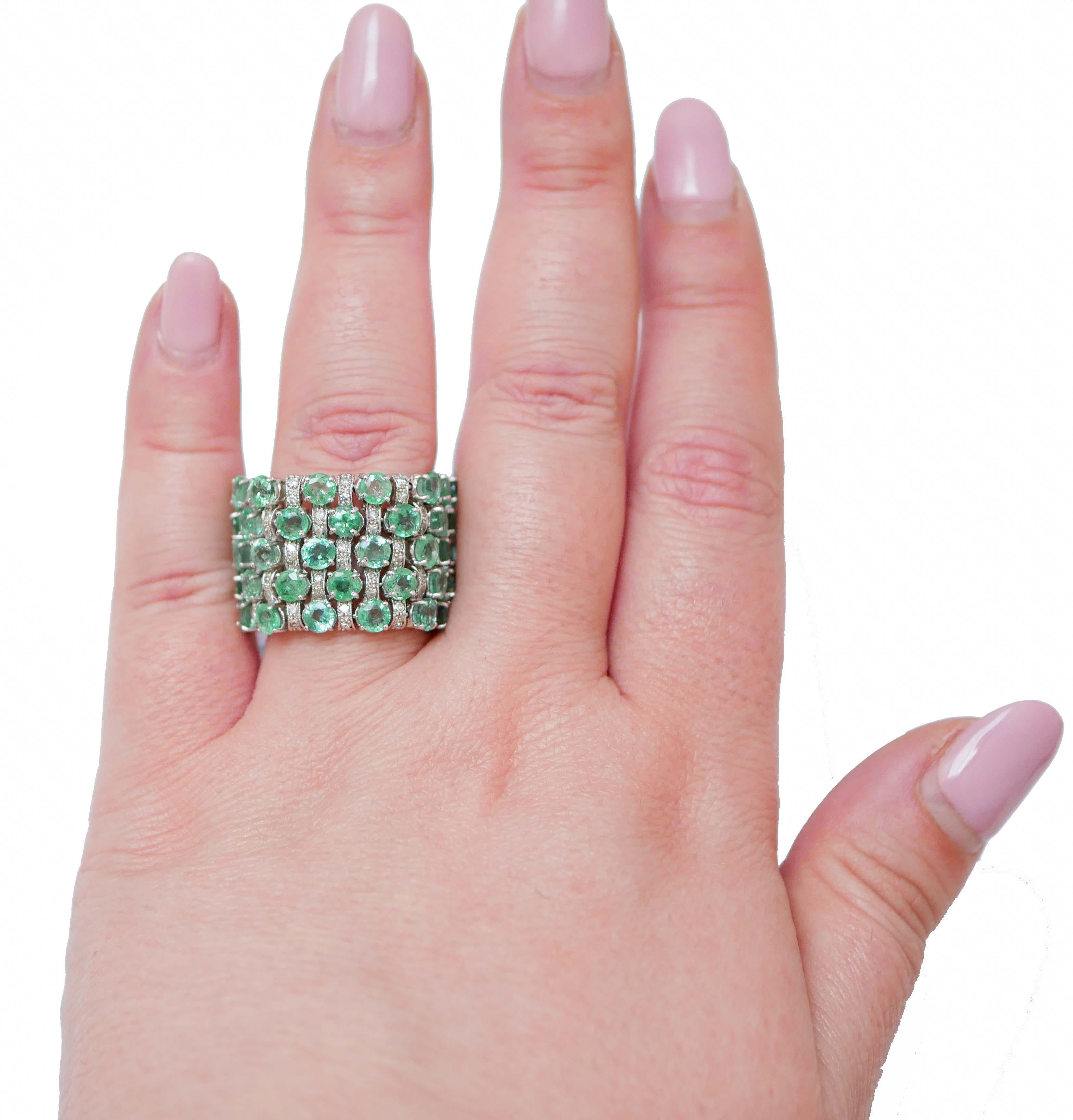 Mixed Cut Emeralds, Diamonds, 14 Karat White Gold Band Ring. For Sale