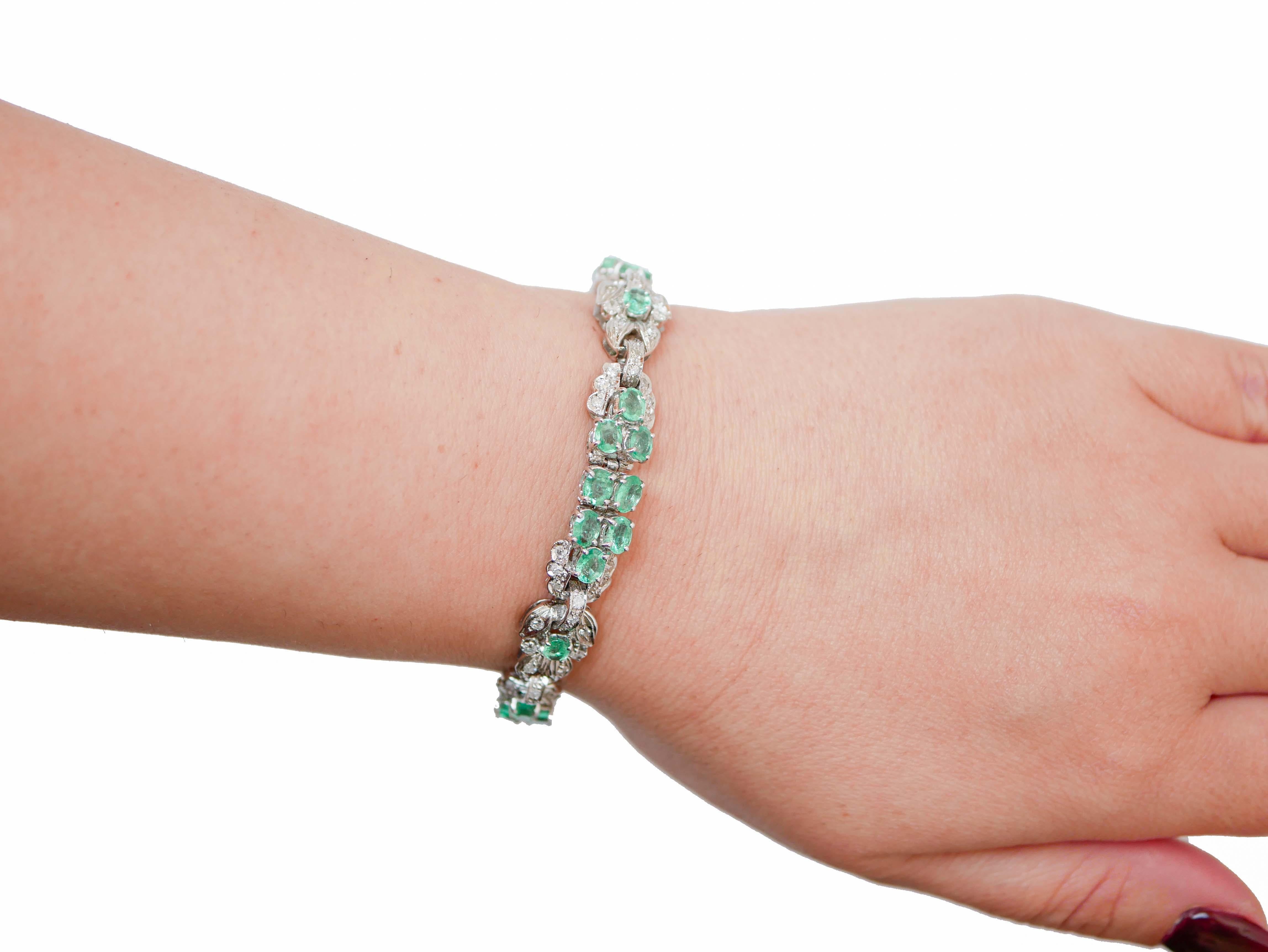 Mixed Cut Emeralds, Diamonds, 14 Karat White Gold Bracelet. For Sale