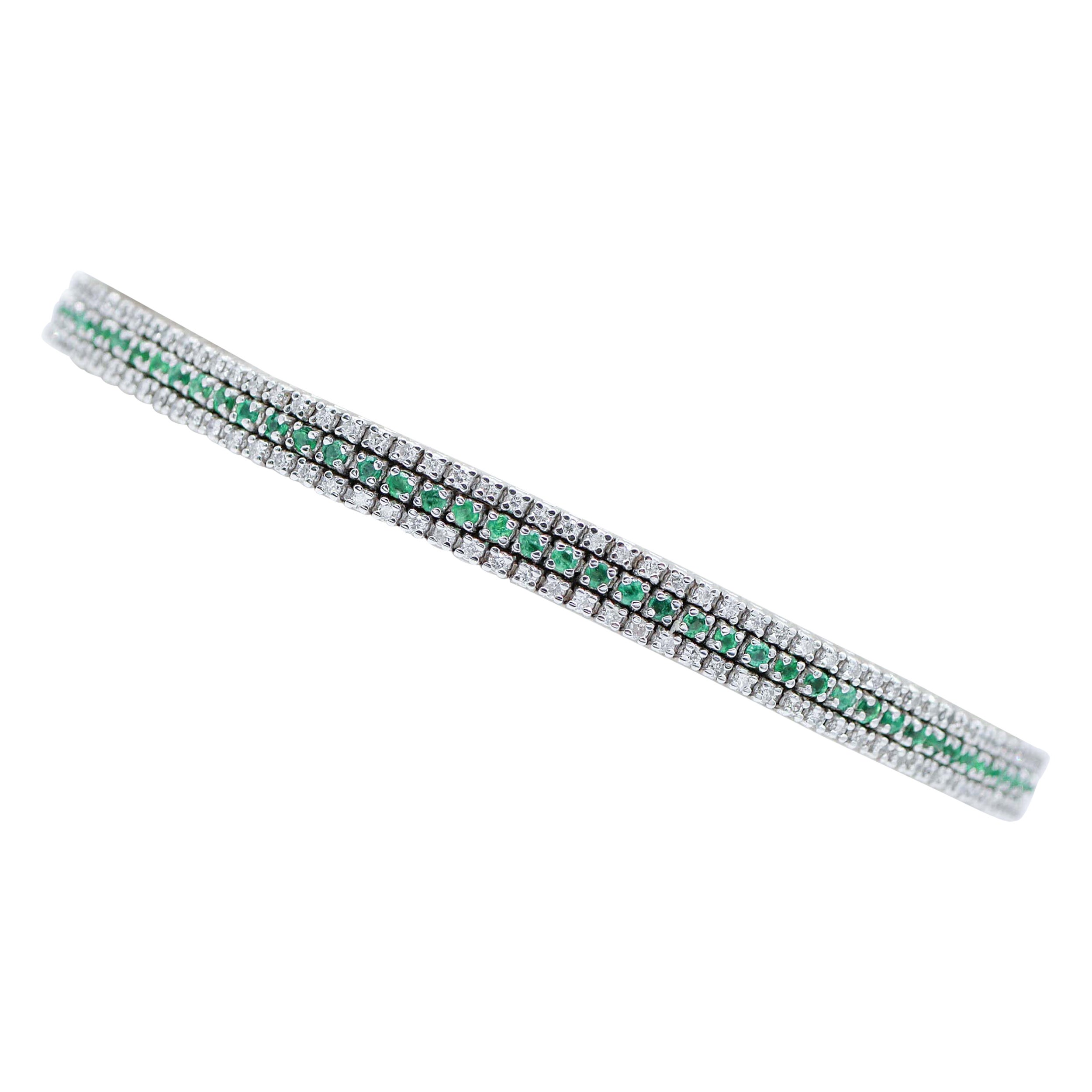 Esmeraldas, Diamantes, Pulsera Tenis Oro Blanco 14 Kilates en venta