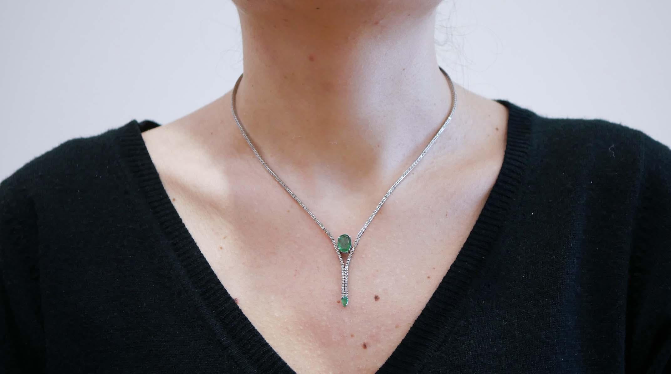 Retro Emeralds, Diamonds, 14 Karat White Gold Tennis Necklace For Sale