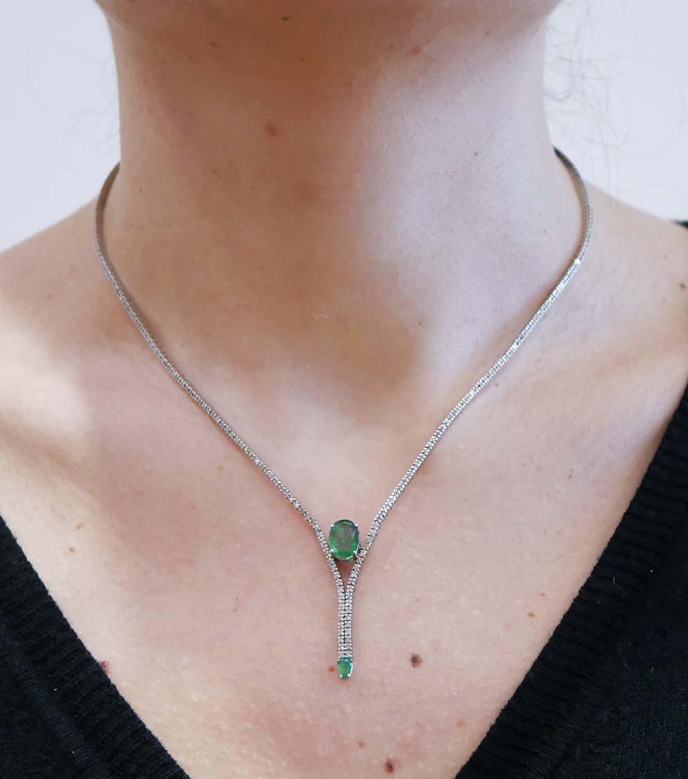 Mixed Cut Emeralds, Diamonds, 14 Karat White Gold Tennis Necklace For Sale