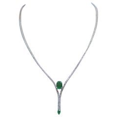 Emeralds, Diamonds, 14 Karat White Gold Tennis Necklace