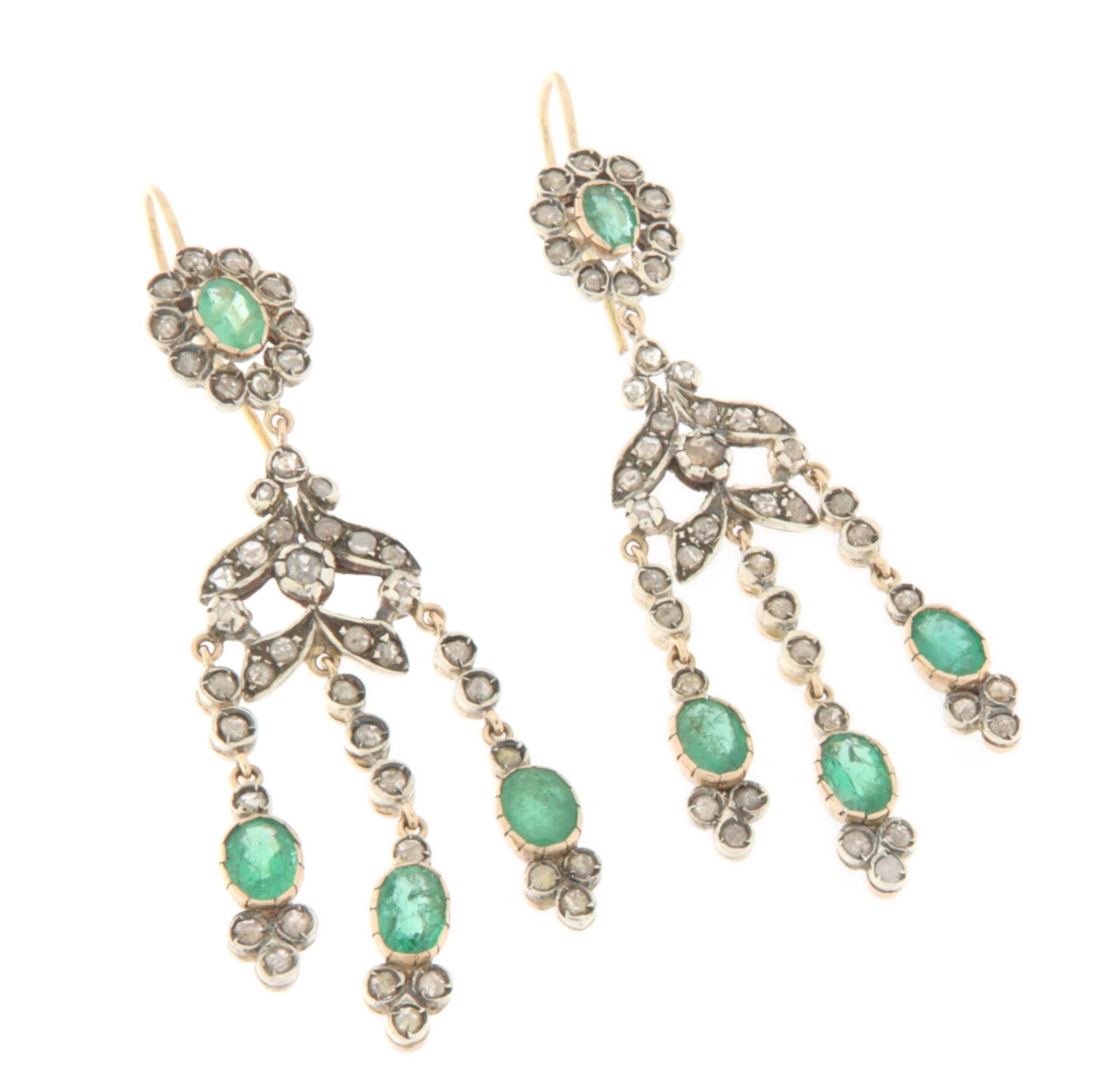 Artisan Emeralds Diamonds 14 Karat Yellow Gold Drop Earrings For Sale