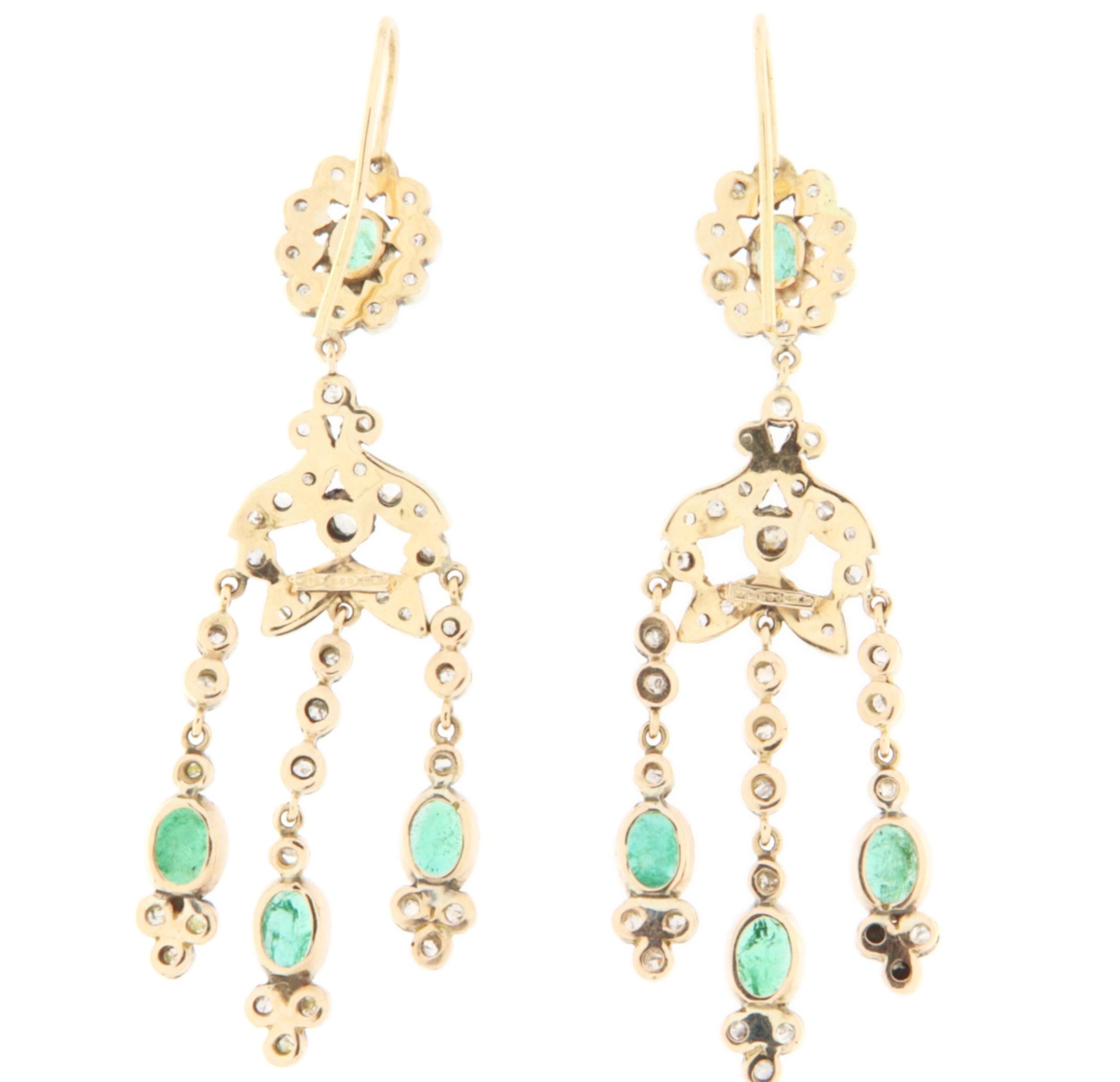 Rose Cut Emeralds Diamonds 14 Karat Yellow Gold Drop Earrings For Sale
