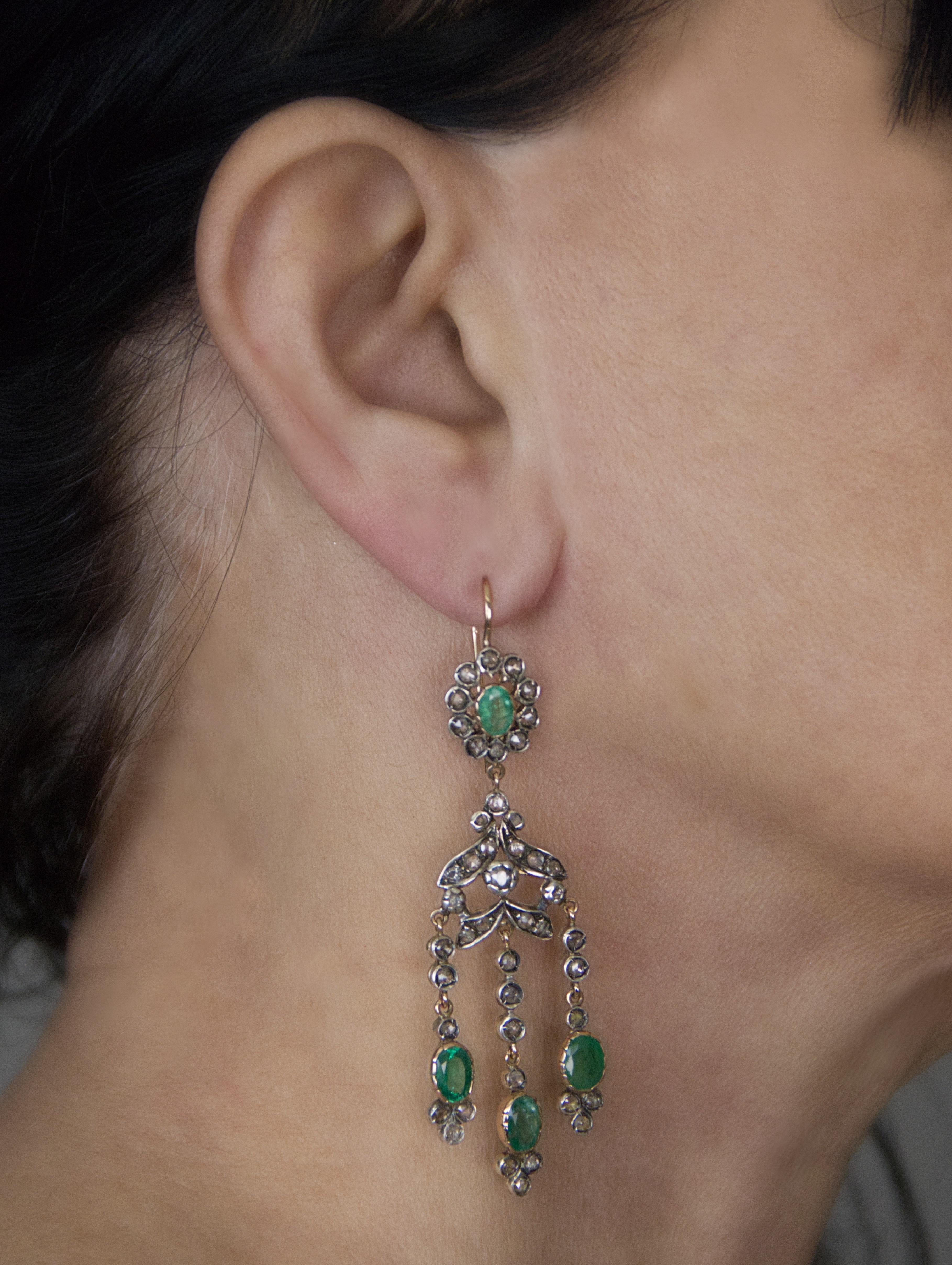 Emeralds Diamonds 14 Karat Yellow Gold Drop Earrings For Sale 1