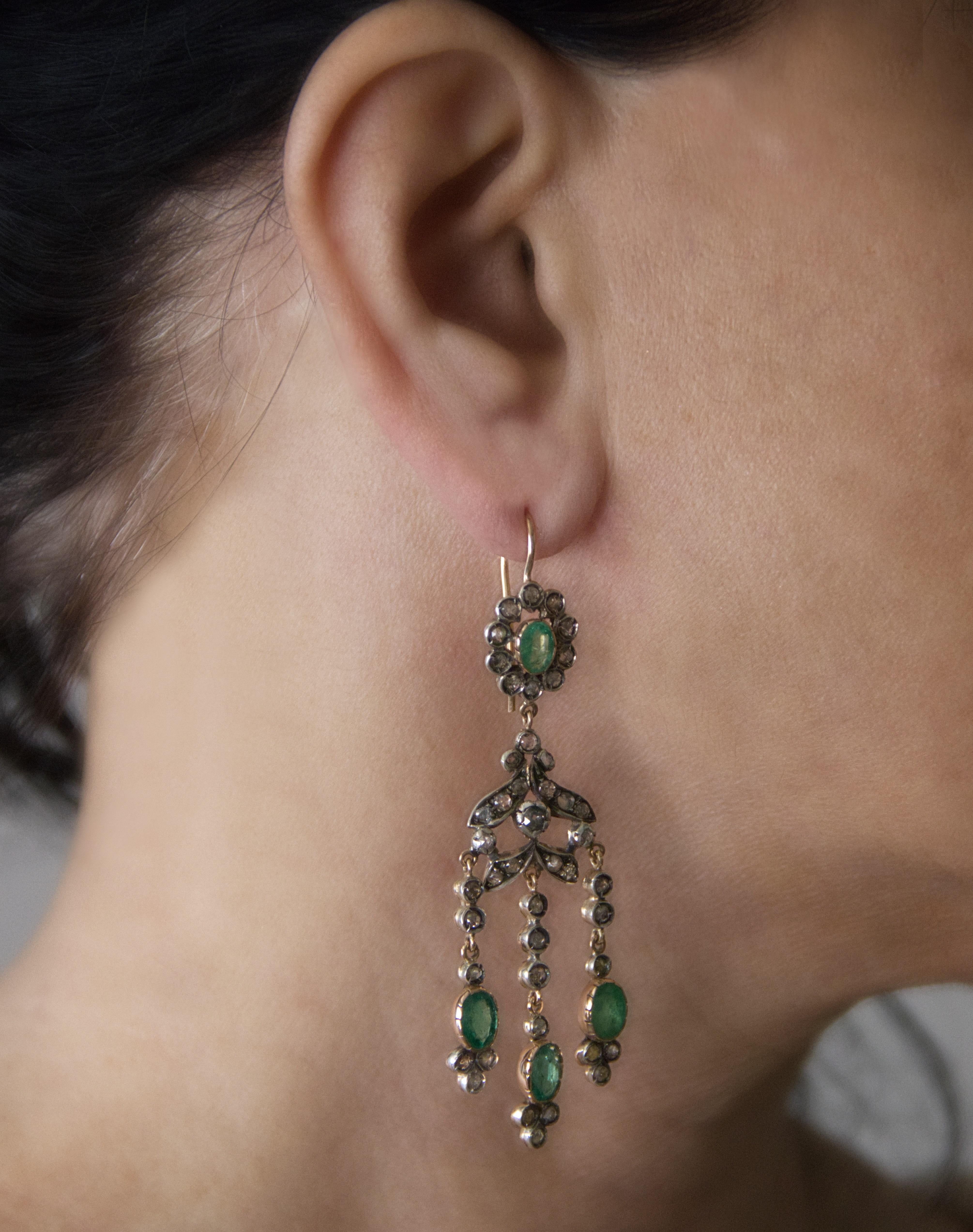 Emeralds Diamonds 14 Karat Yellow Gold Drop Earrings For Sale 2