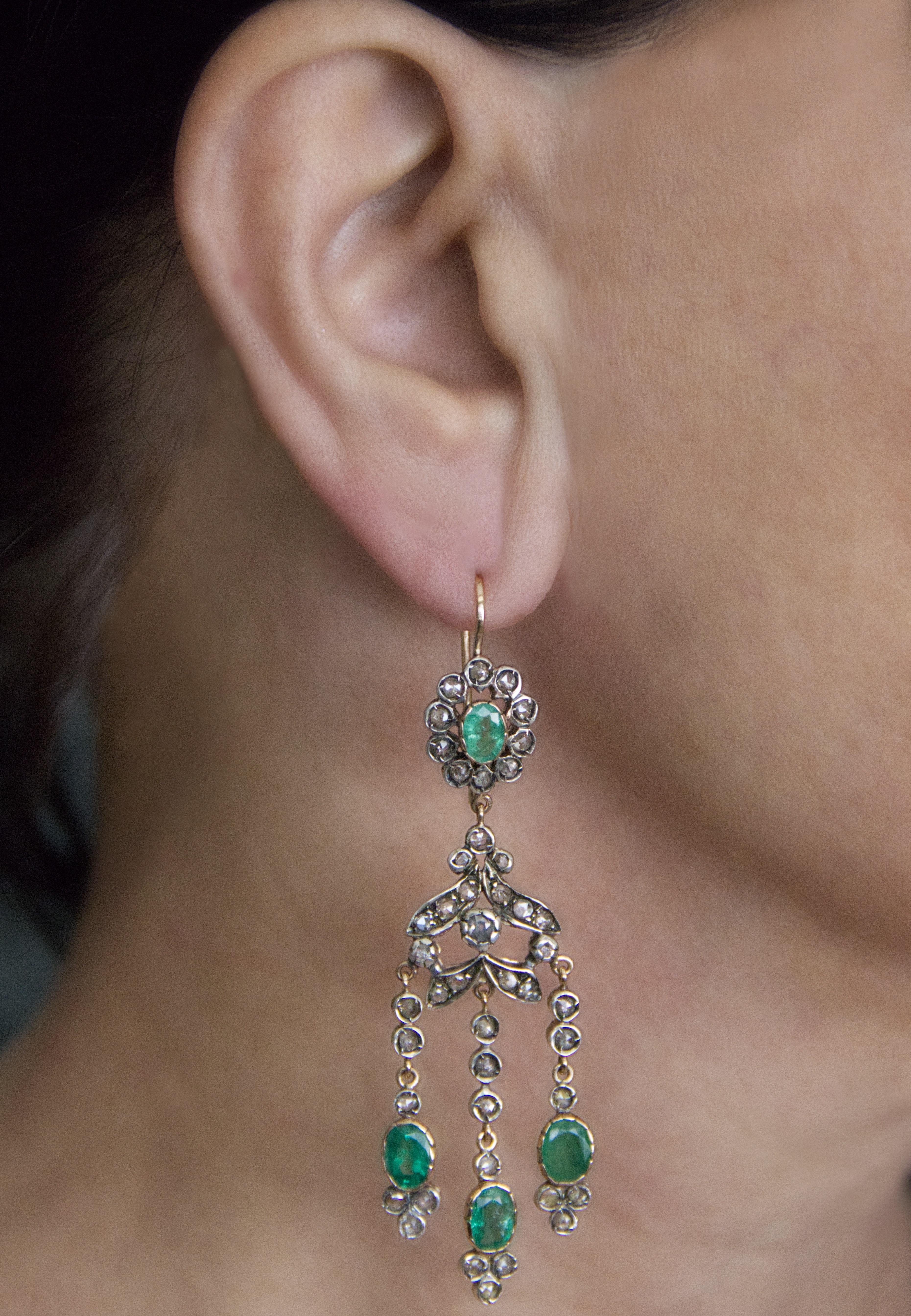 Emeralds Diamonds 14 Karat Yellow Gold Drop Earrings For Sale 3