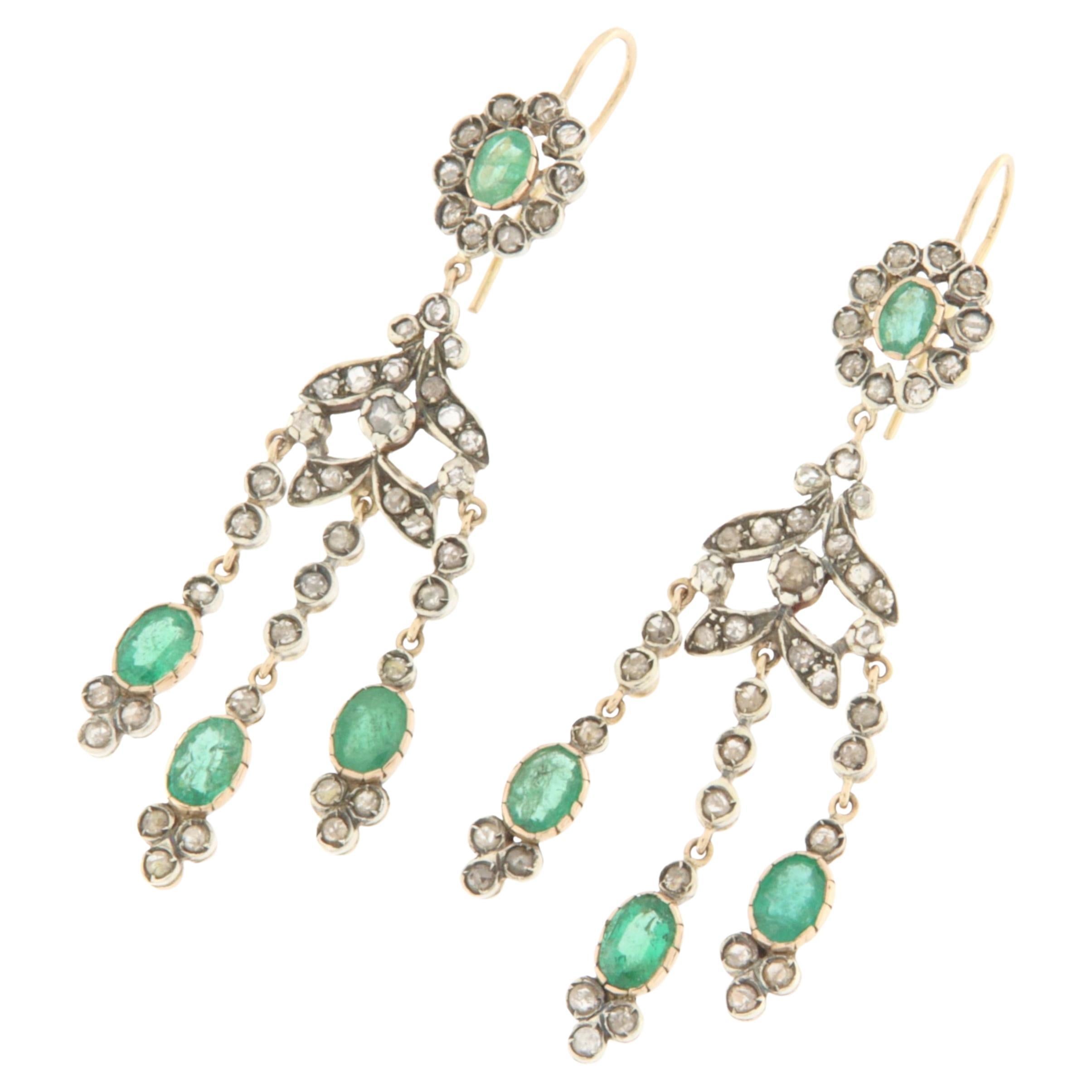Emeralds Diamonds 14 Karat Yellow Gold Drop Earrings For Sale