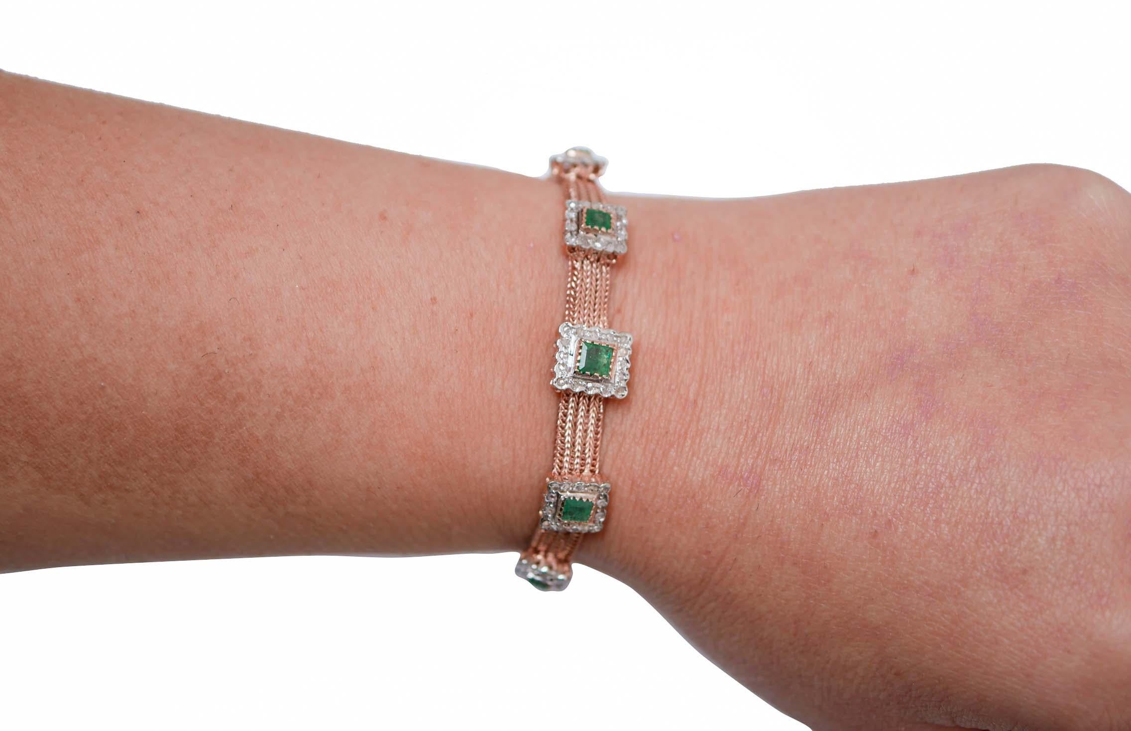 Mixed Cut Emeralds, Diamonds, 14 Kt Rose Gold, 9 Kt Rose Gold and Silver Bracelet. For Sale