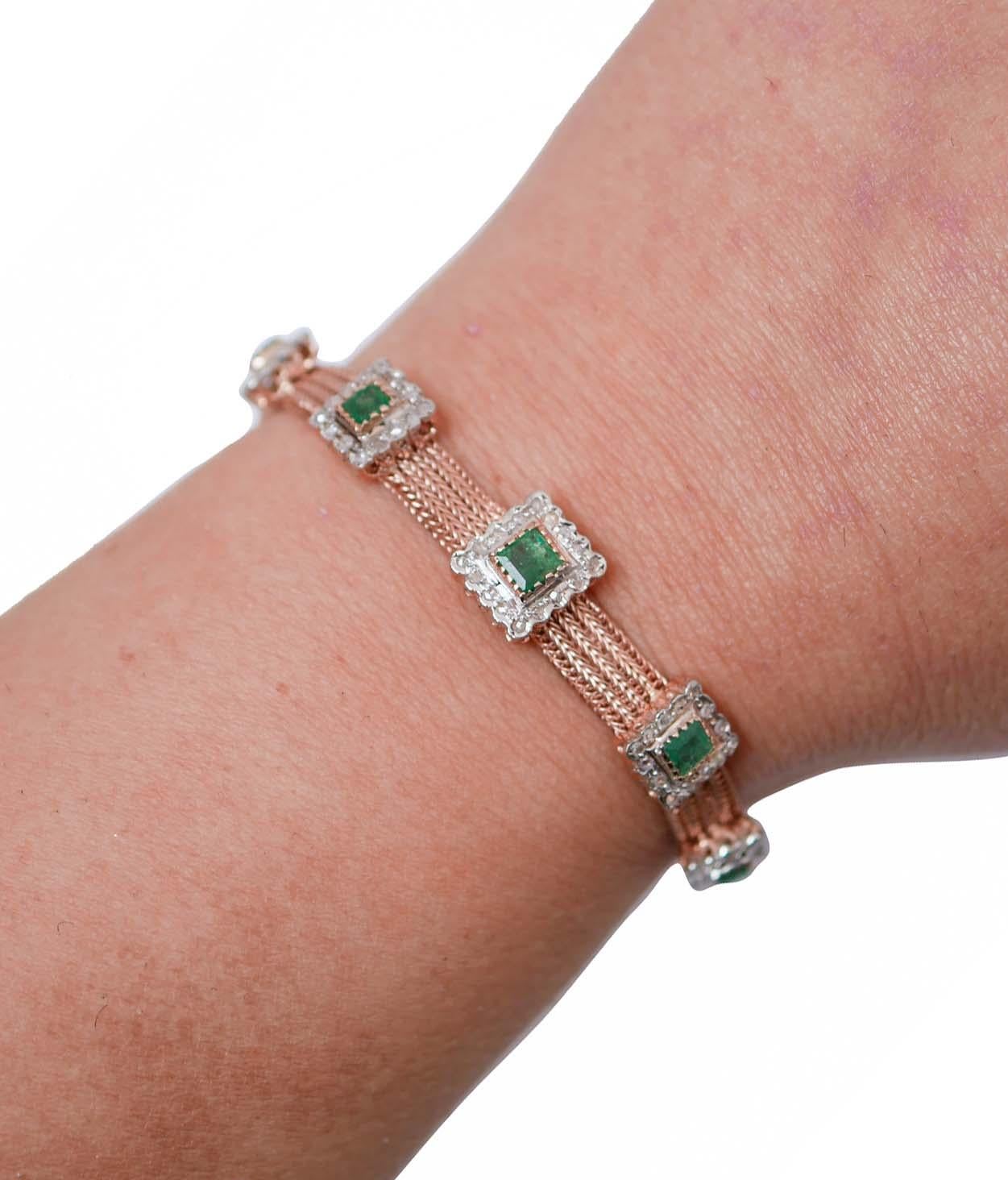 Emeralds, Diamonds, 14 Kt Rose Gold, 9 Kt Rose Gold and Silver Bracelet. In Good Condition For Sale In Marcianise, Marcianise (CE)