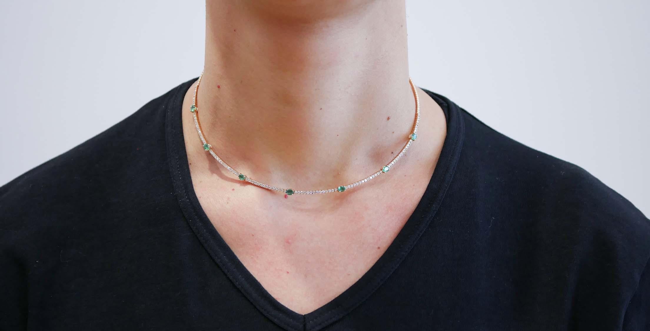 Mixed Cut Emeralds, Diamonds, 18 Karat Rose Gold Necklace.