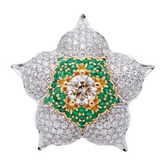 Emeralds, Diamonds, 18 Karat White and Yellow Gold Flower Shape Ring