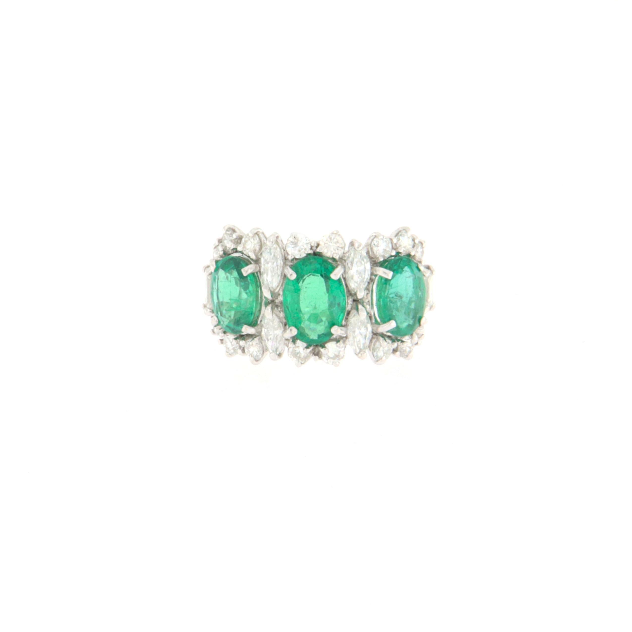 Emeralds Diamonds 18 Karat White Gold Cocktail Ring For Sale 6