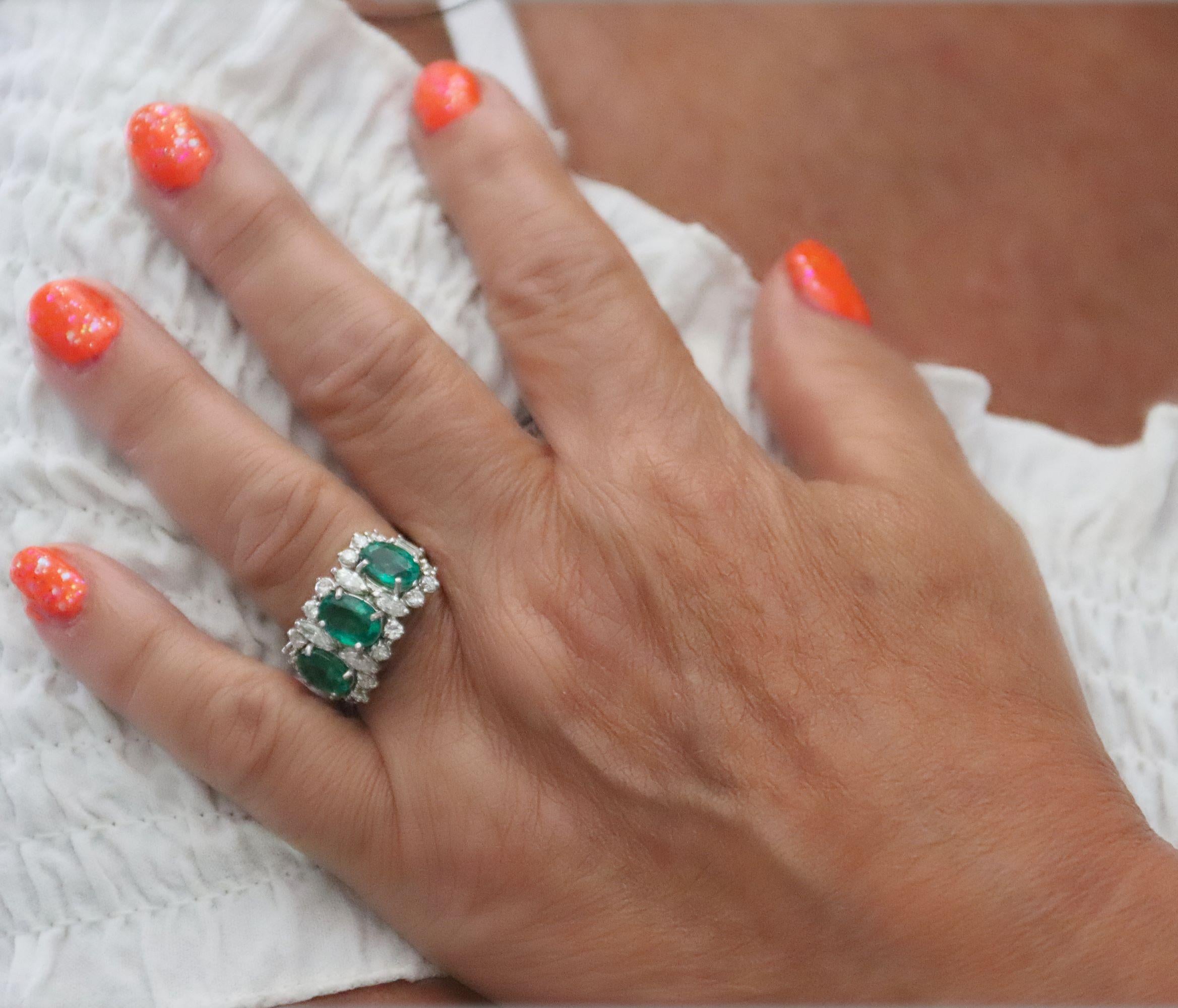 Emeralds Diamonds 18 Karat White Gold Cocktail Ring For Sale 9
