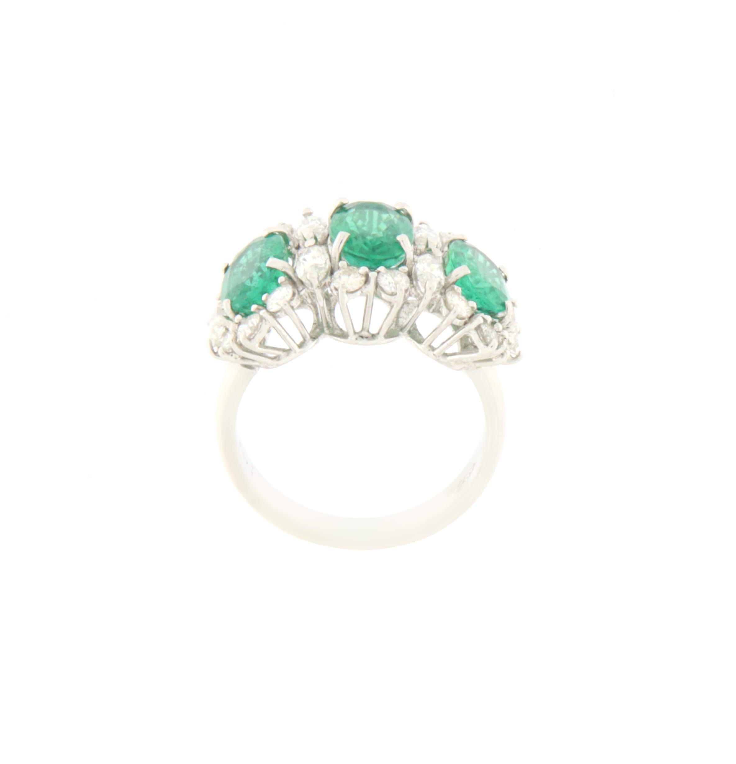 Artisan Emeralds Diamonds 18 Karat White Gold Cocktail Ring For Sale