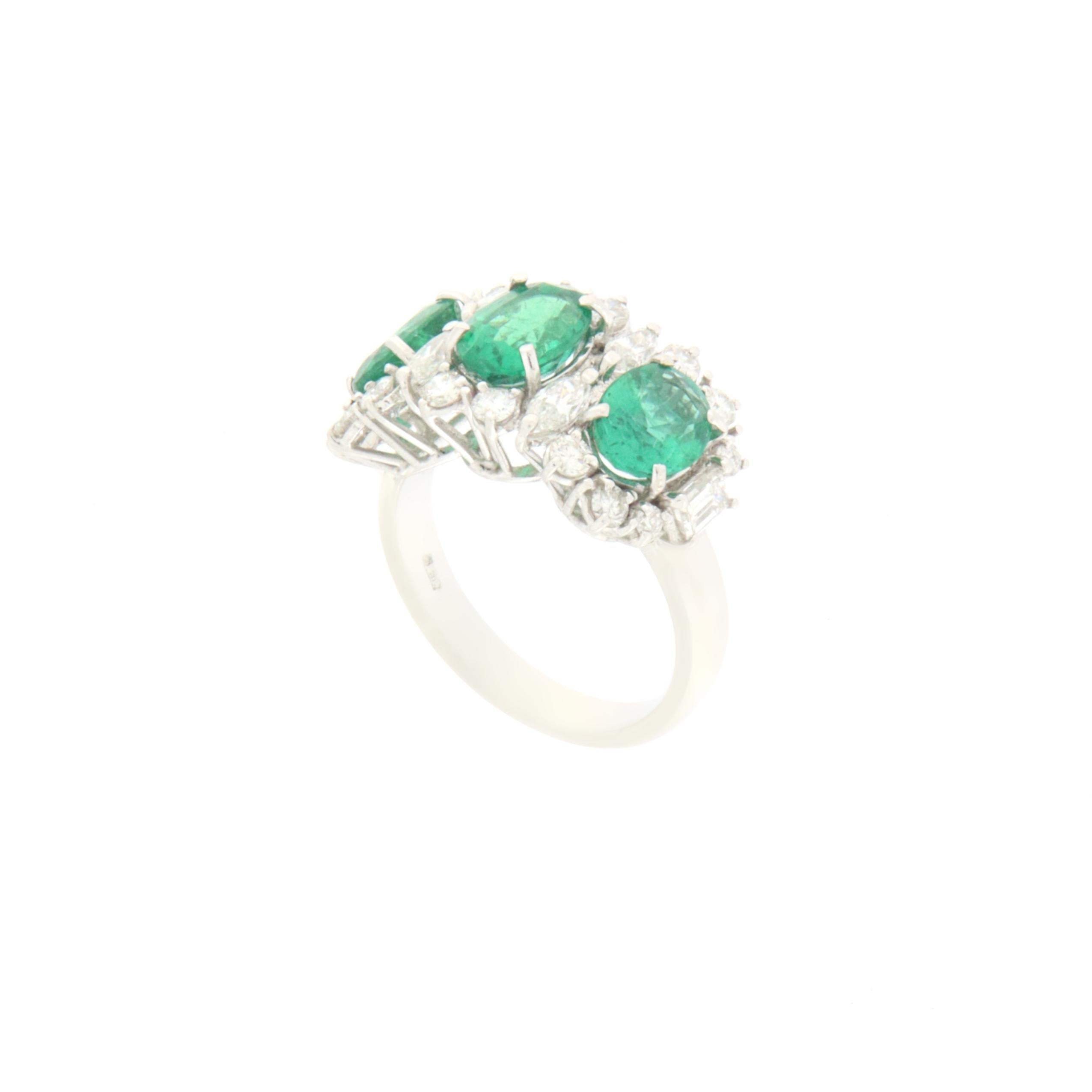 Emeralds Diamonds 18 Karat White Gold Cocktail Ring For Sale 3