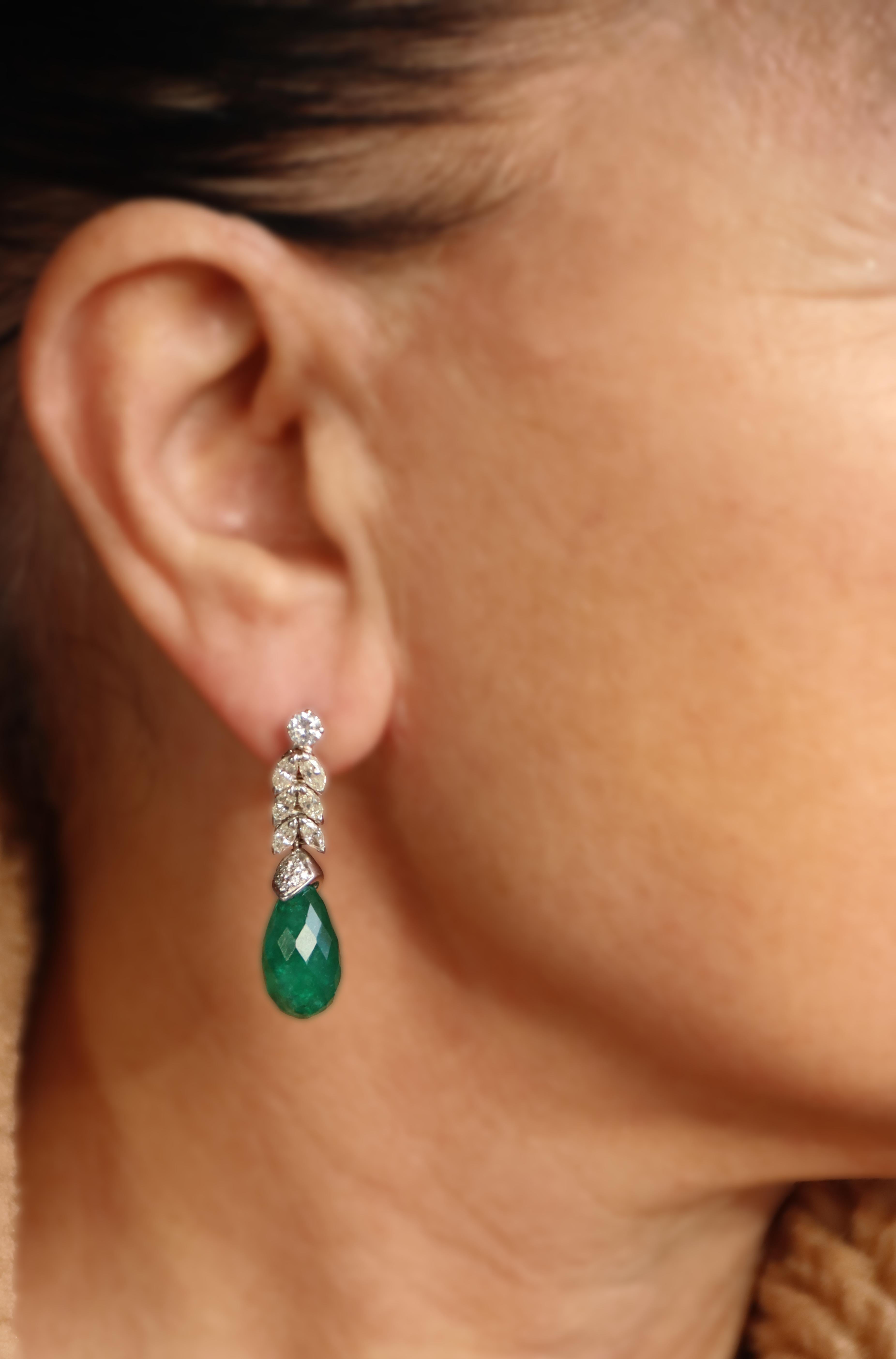 Emeralds Diamonds 18 Karat White Gold Drop Earrings For Sale 1