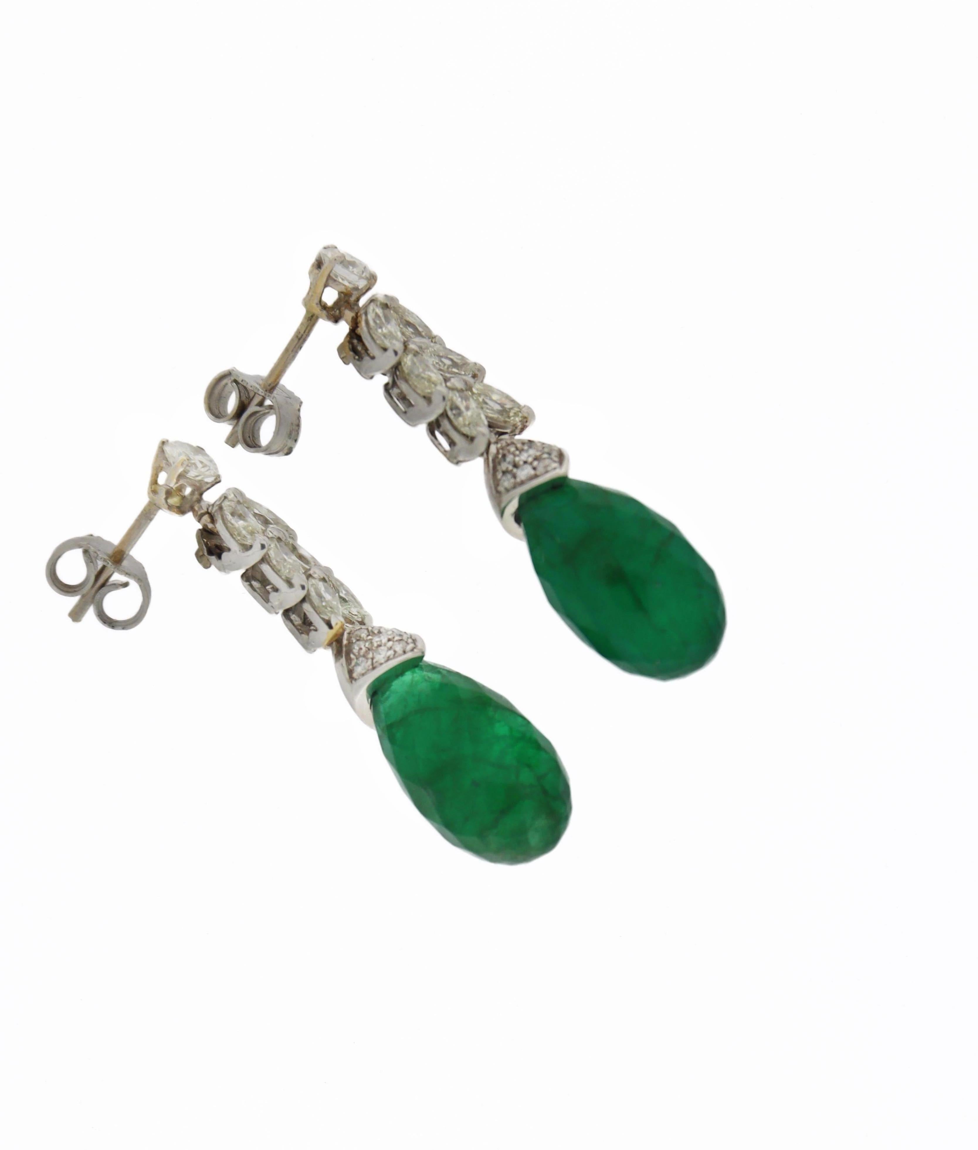 Emeralds Diamonds 18 Karat White Gold Drop Earrings For Sale 4