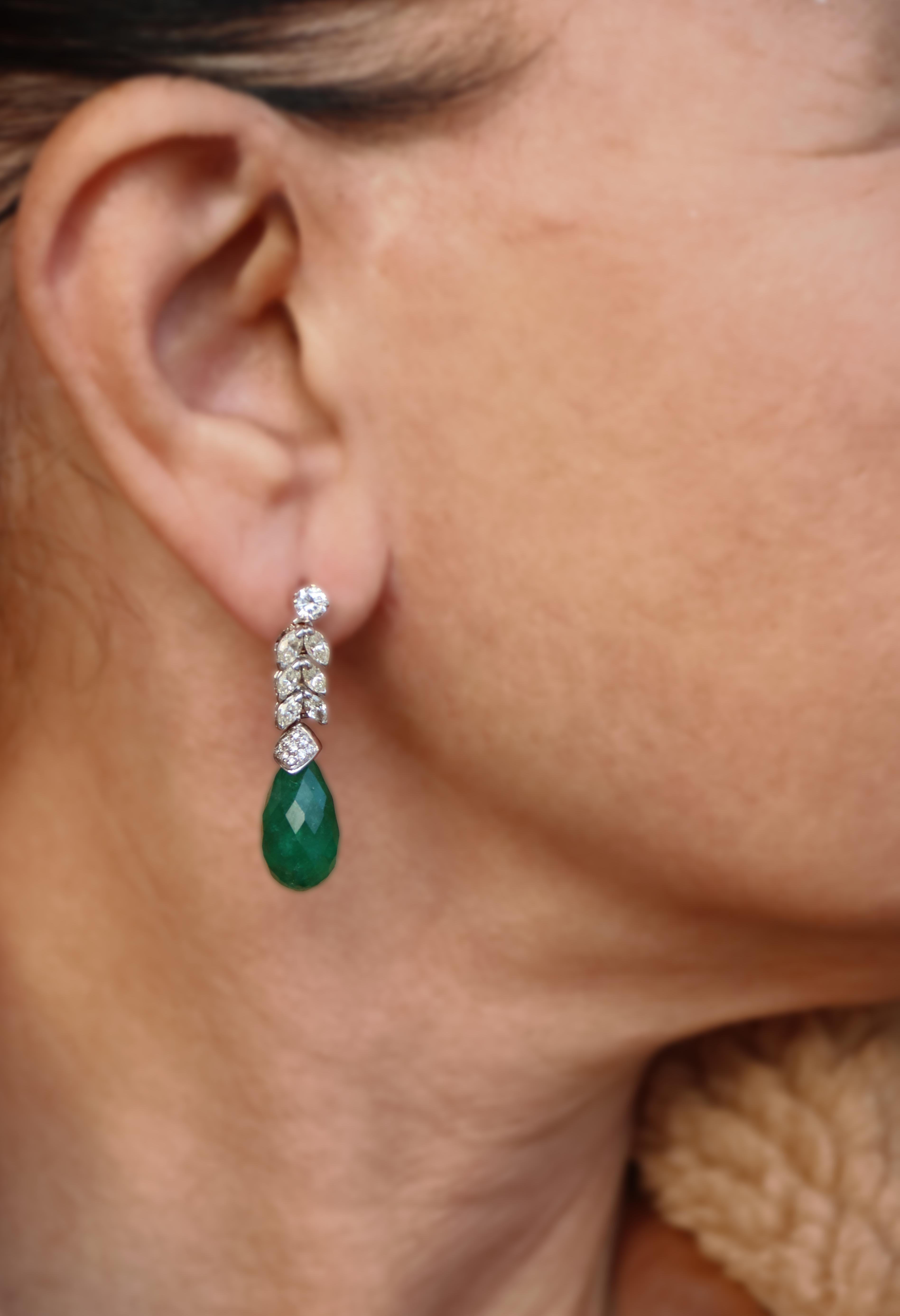 Emeralds Diamonds 18 Karat White Gold Drop Earrings For Sale 2