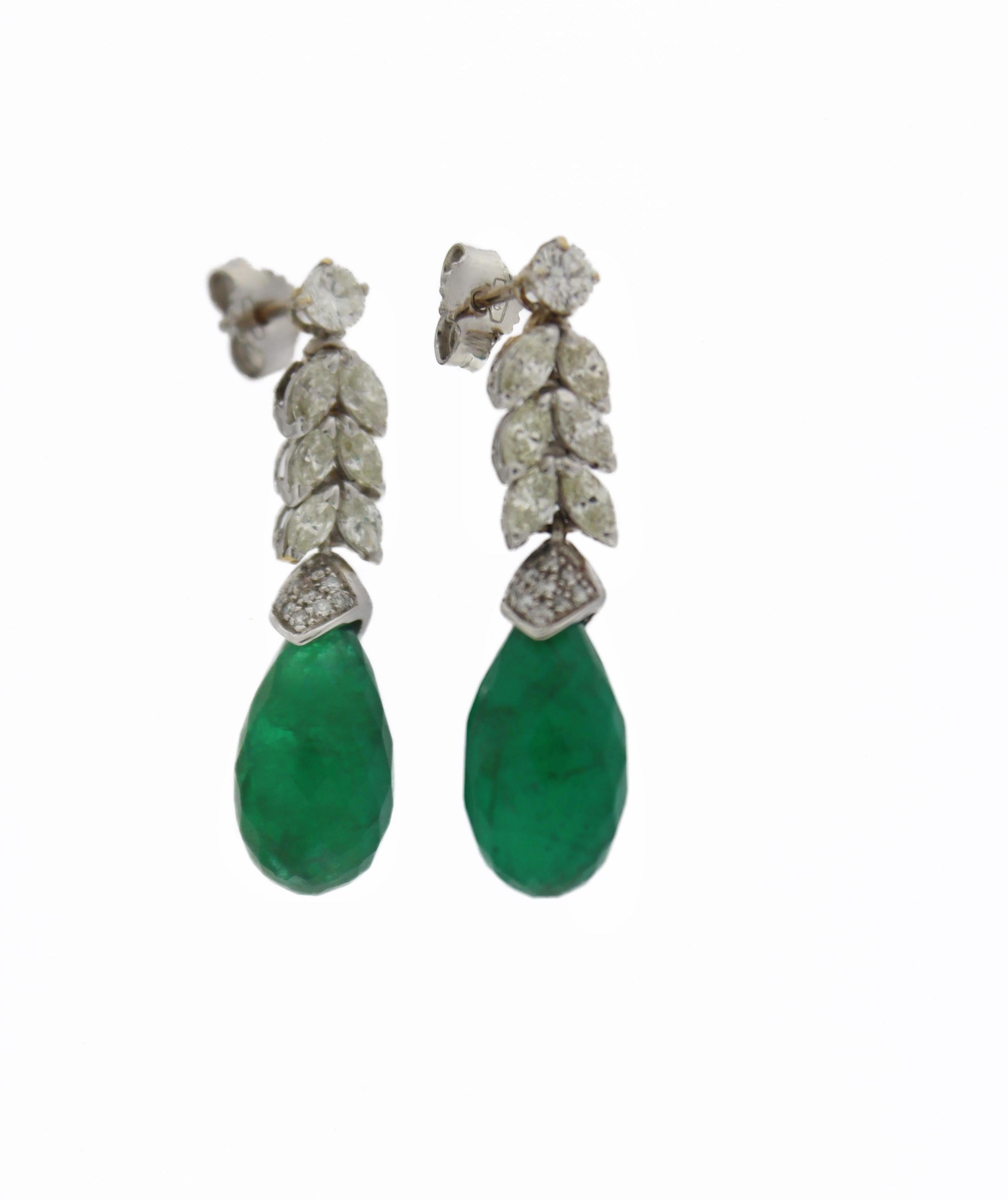 Emeralds Diamonds 18 Karat White Gold Drop Earrings For Sale 3
