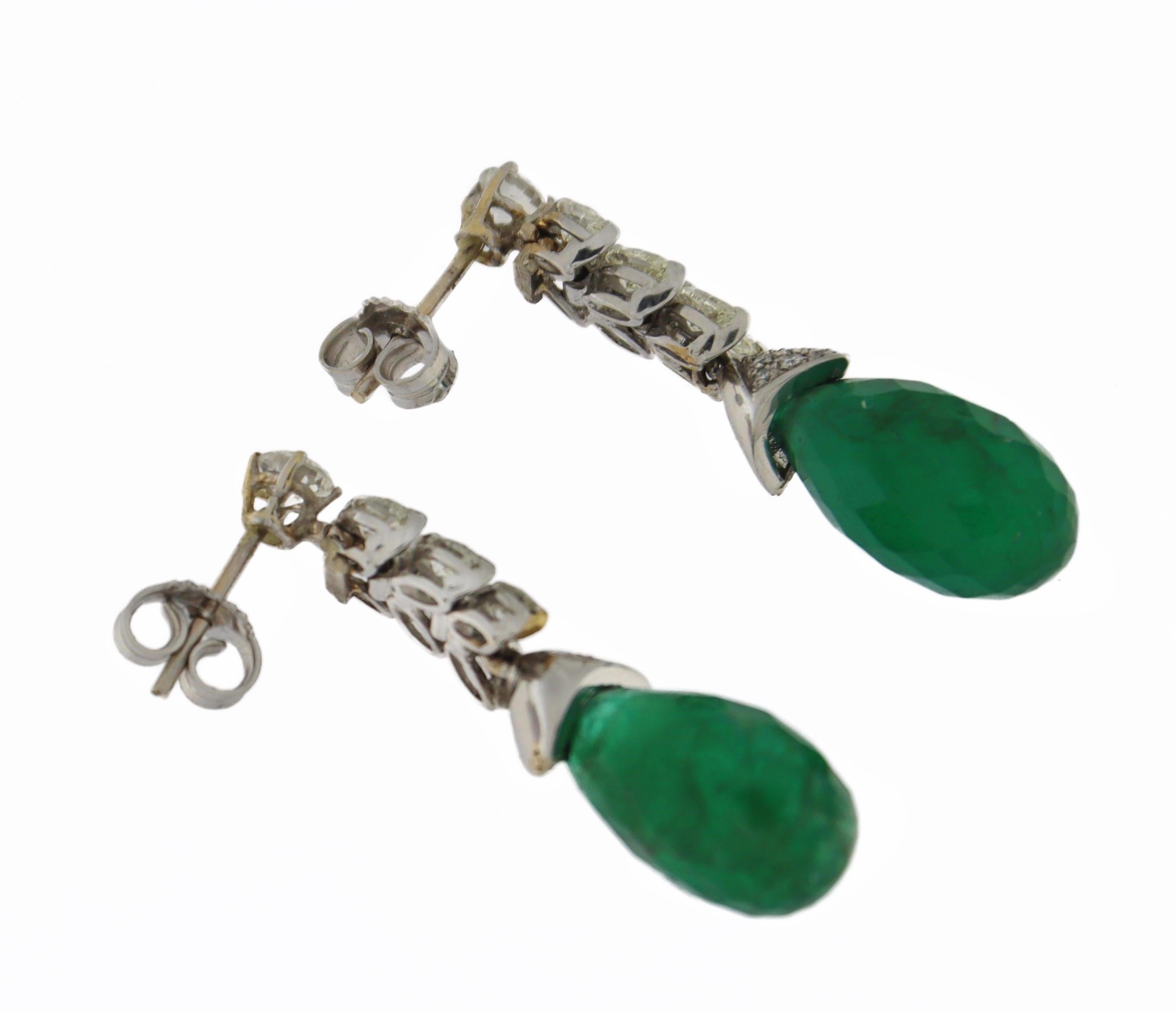 Emeralds Diamonds 18 Karat White Gold Drop Earrings For Sale 5