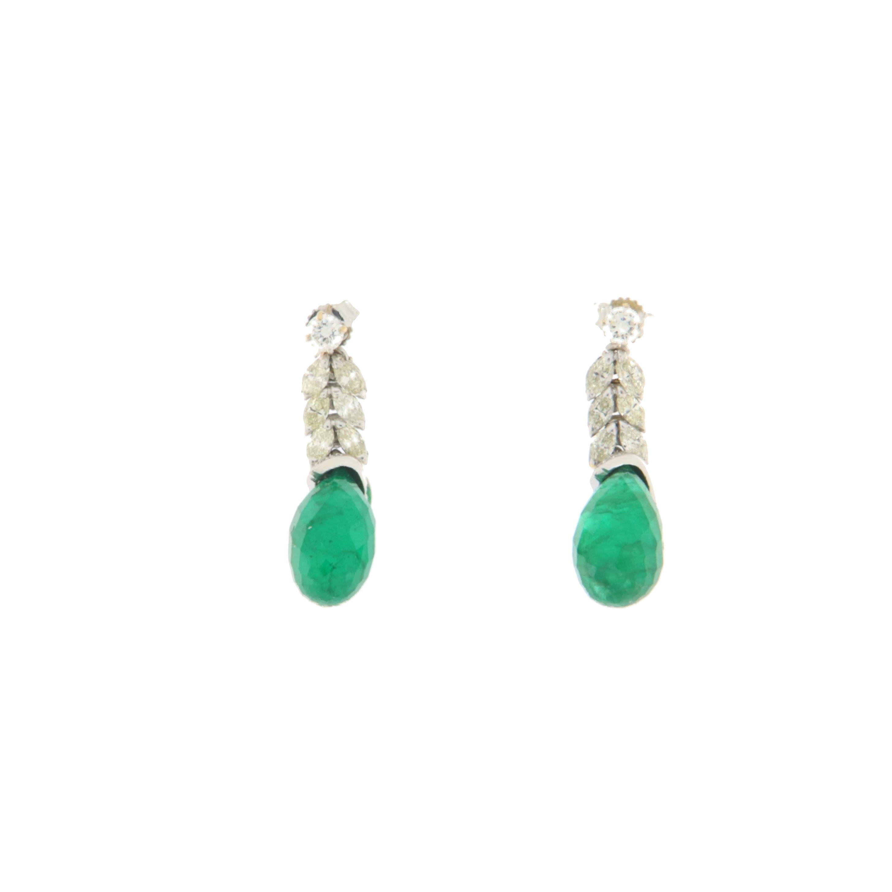 Artisan Emeralds Diamonds 18 Karat White Gold Drop Earrings For Sale