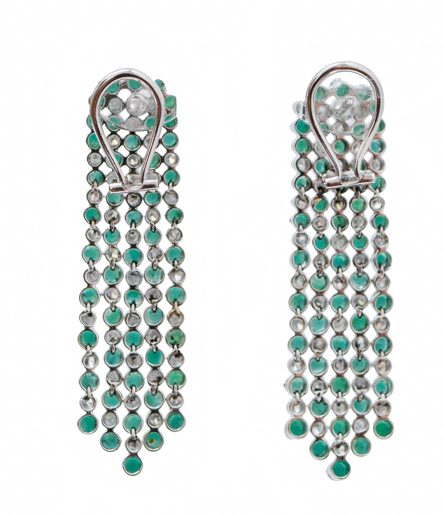 Retro Emeralds, Diamonds, 18 Karat White Gold Earrings. For Sale