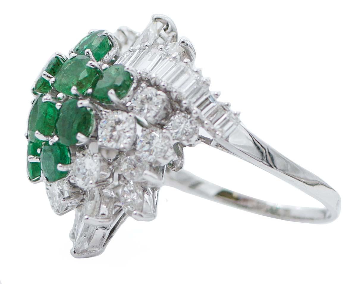 Retro Emeralds, Diamonds, 18 Karat White Gold Ring For Sale